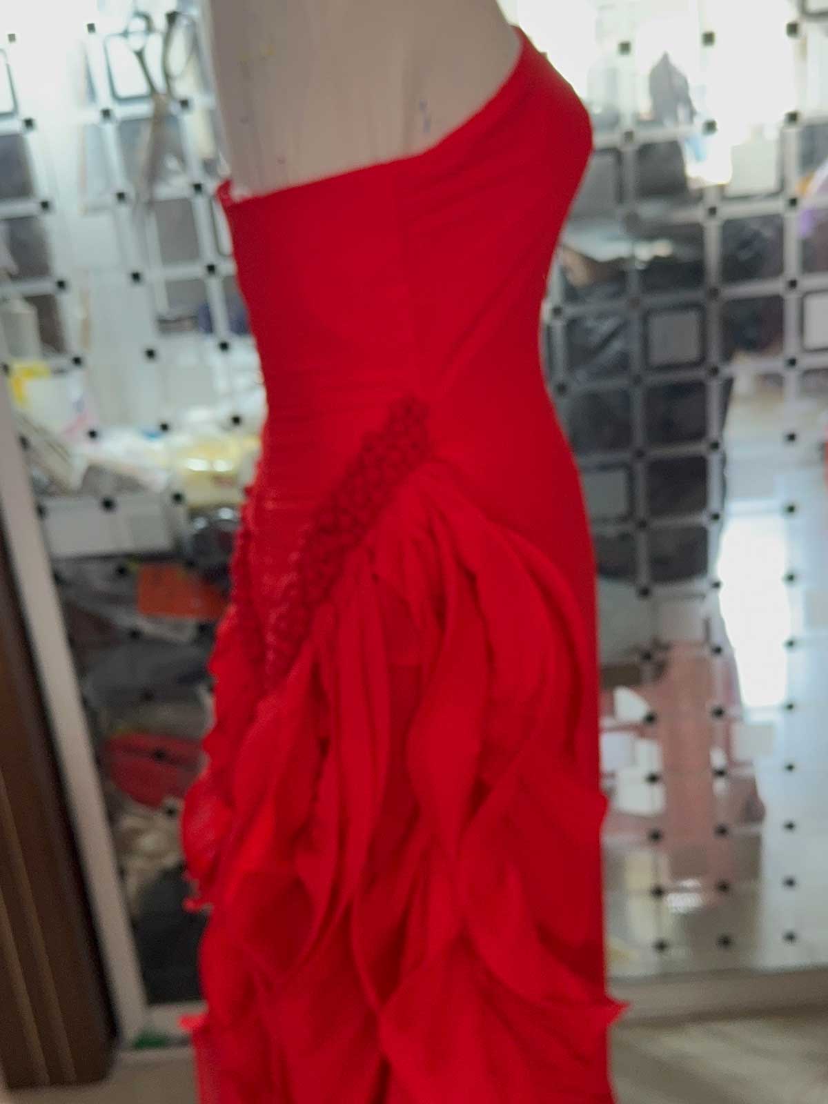 Red Strapless Ruffle Gown with Side Train for Weddings & Galas