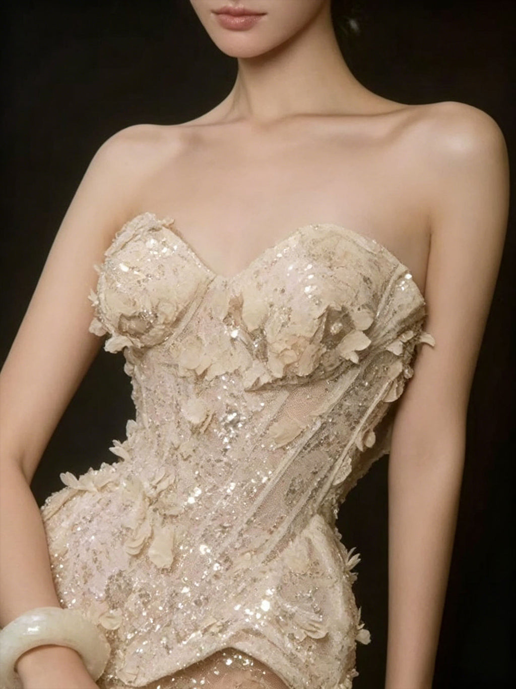Champagne Gold Strapless Sequin Mermaid Evening Gown with 3D Floral Appliqués
