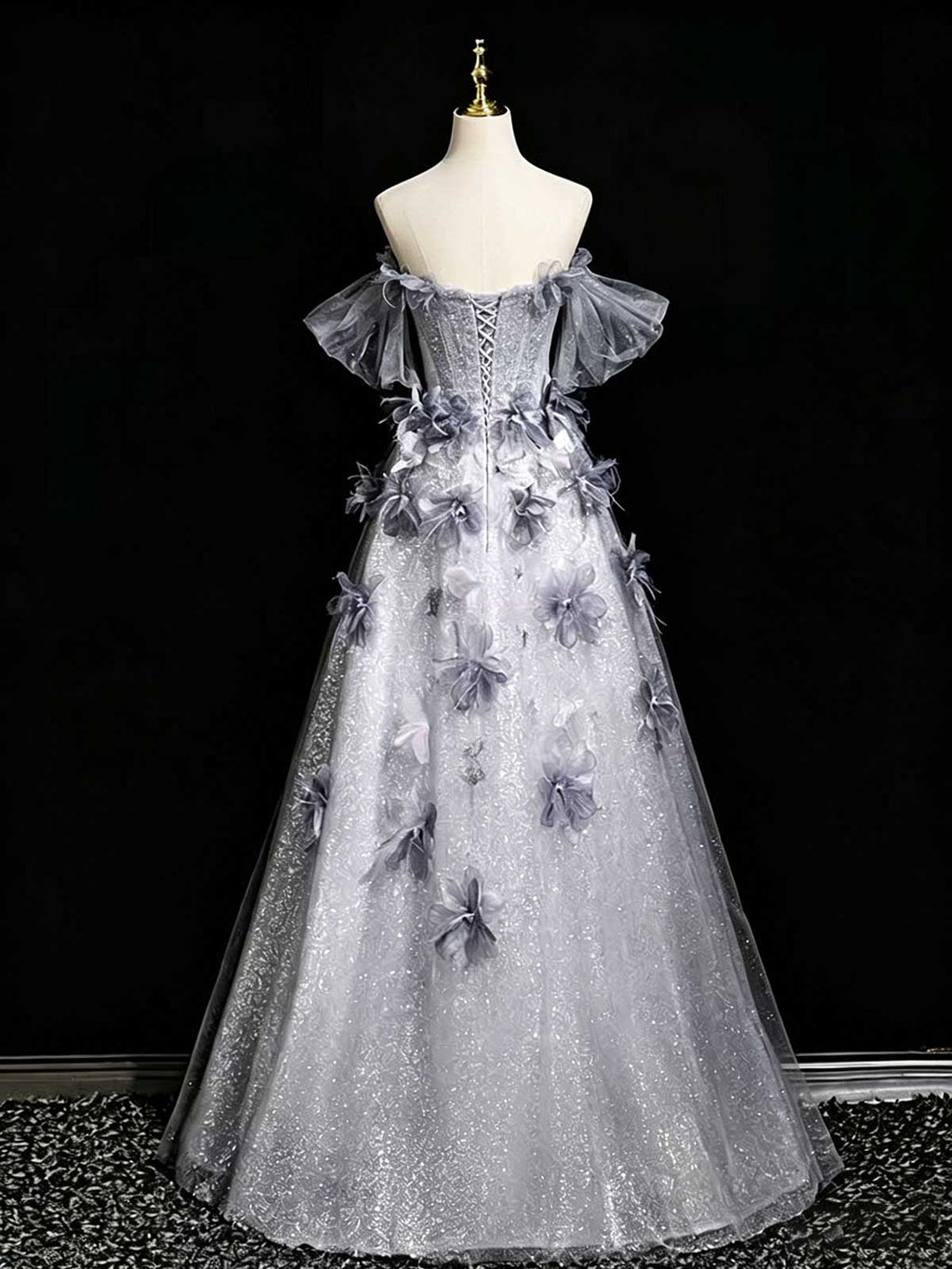 Silver Grey Floral Sequin Evening Gown