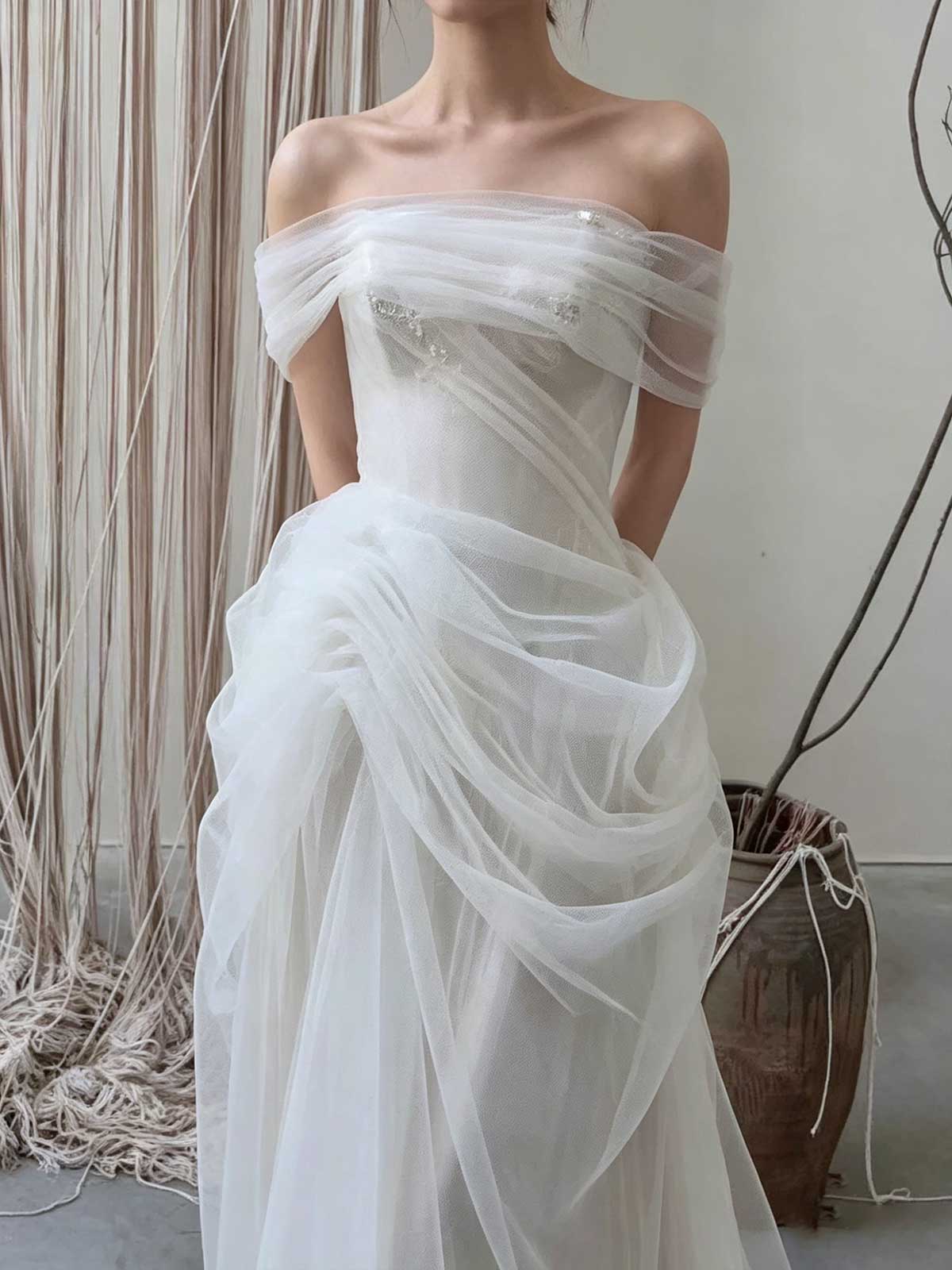Off-the-Shoulder Draped Tulle Wedding Dress with Asymmetrical Skirt