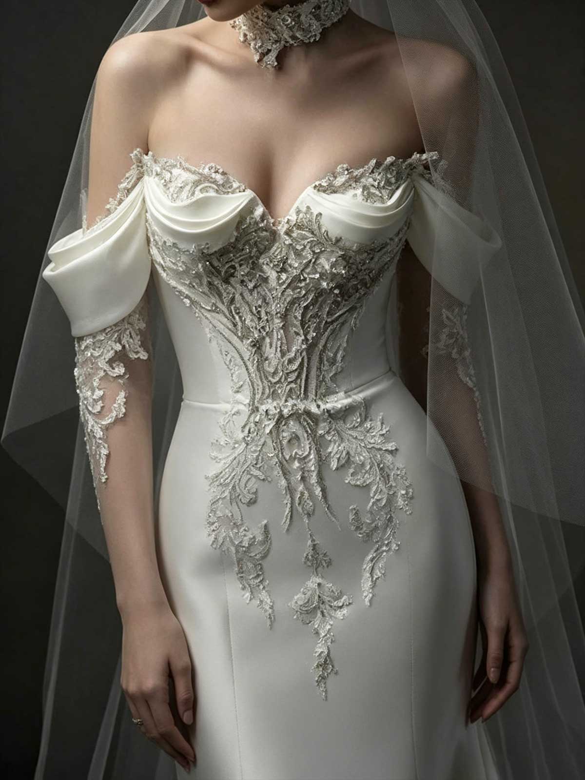 Ivory Lace Off-the-Shoulder Satin Mermaid Wedding Dress with Veil
