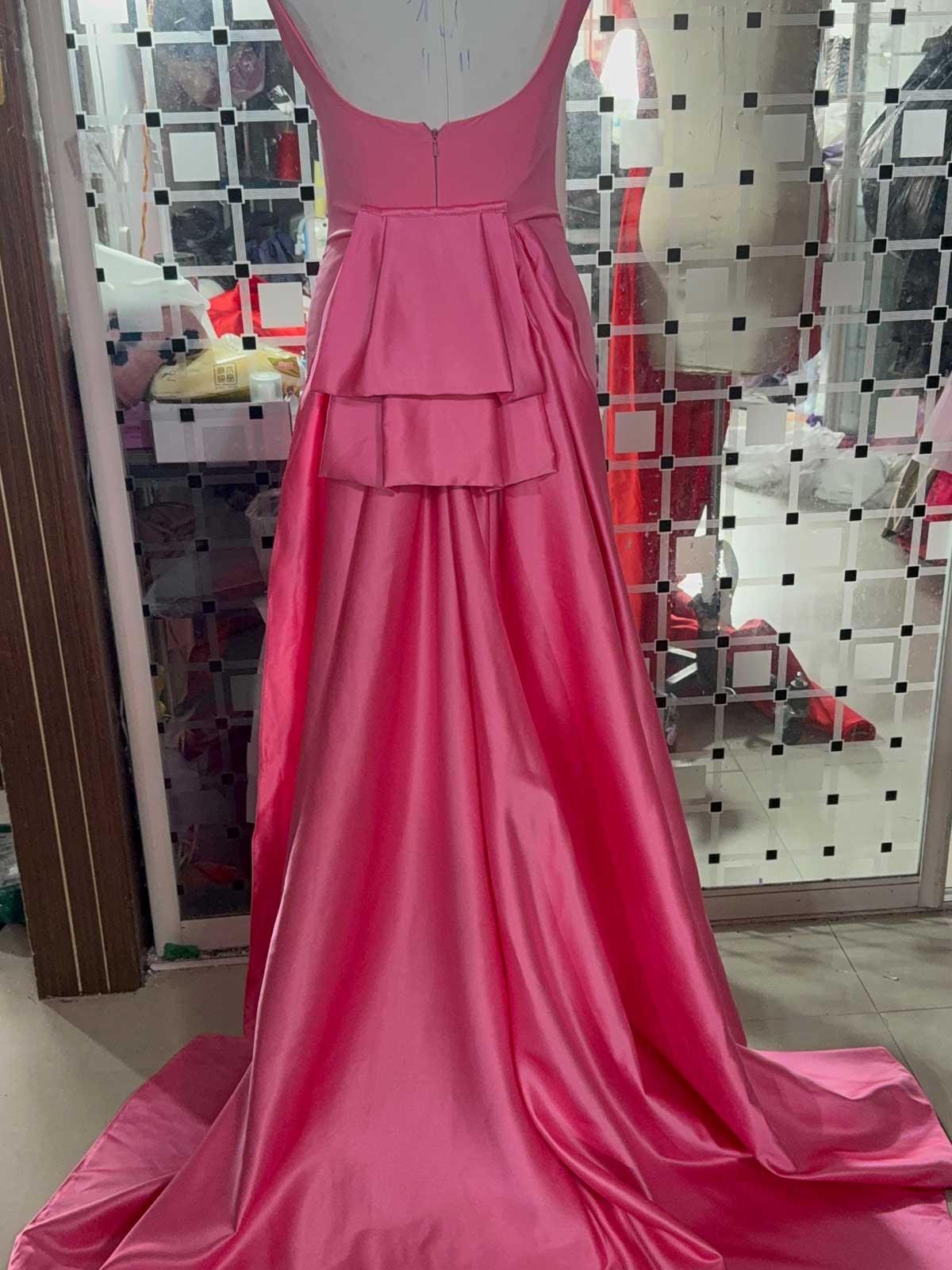 Elegant Hot Pink Satin Evening Gown with Back Peplum Detail