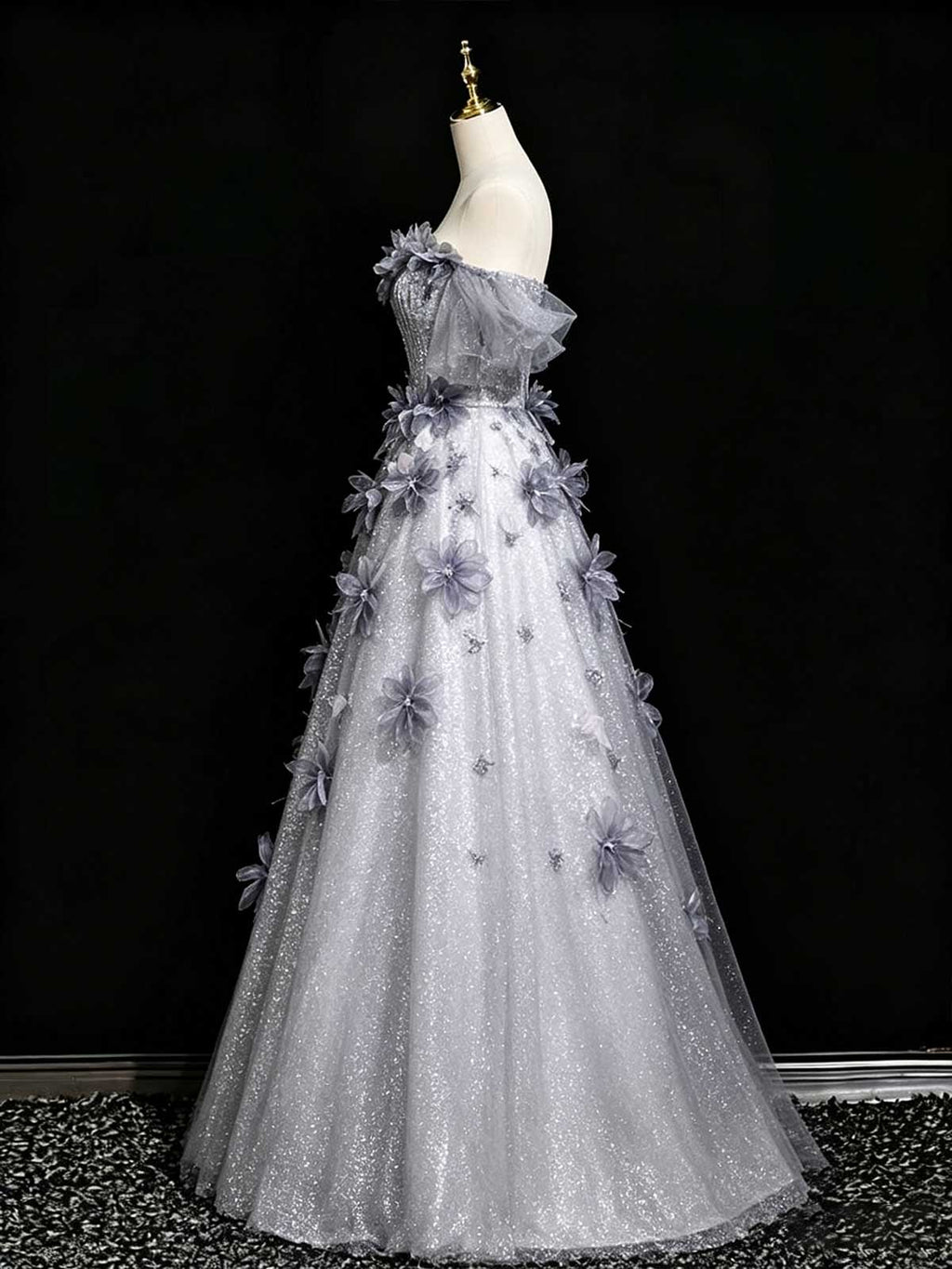 Silver Grey Floral Sequin Evening Gown