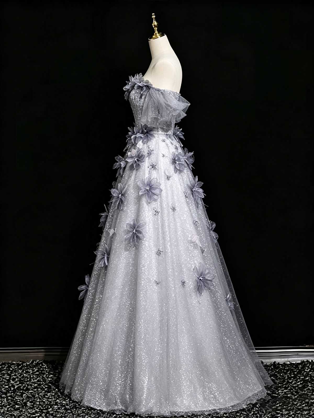Silver Grey Floral Sequin Evening Gown
