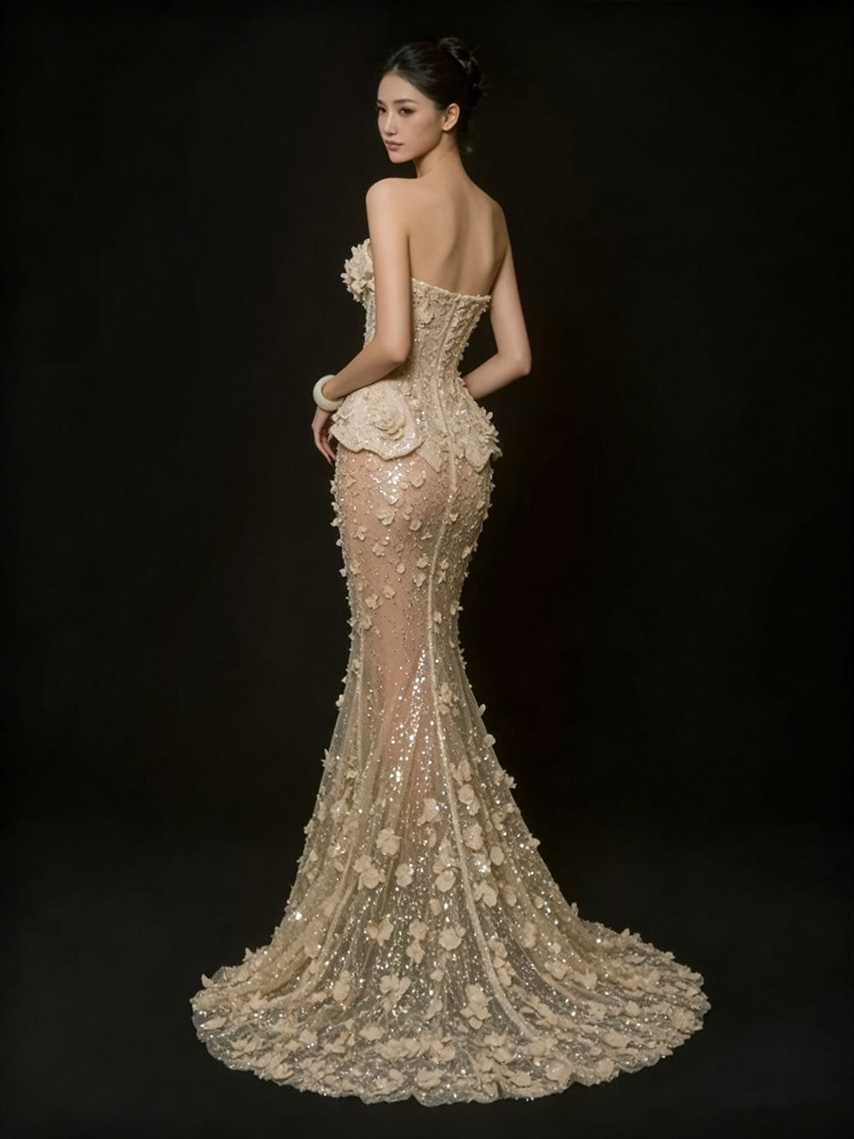 Champagne Gold Strapless Sequin Mermaid Evening Gown with 3D Floral Appliqués