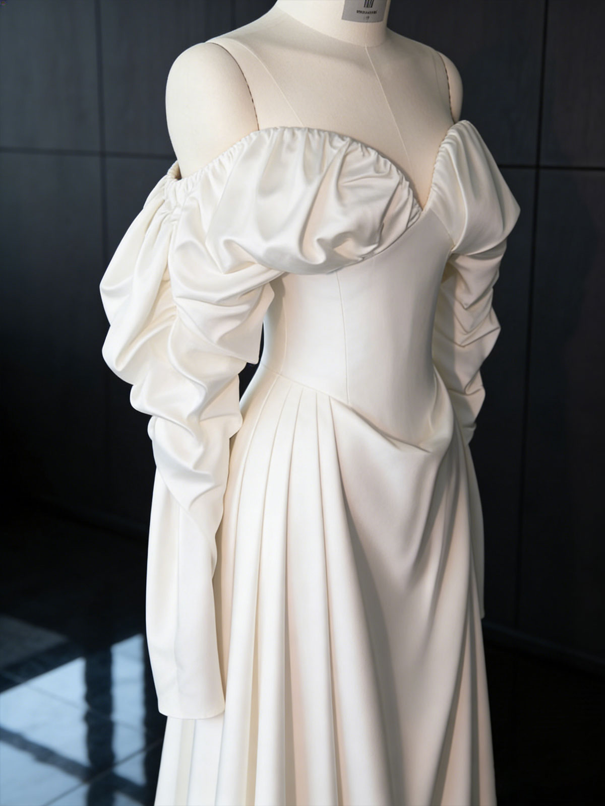 White Off-Shoulder Puff Sleeve Satin Wedding Gown