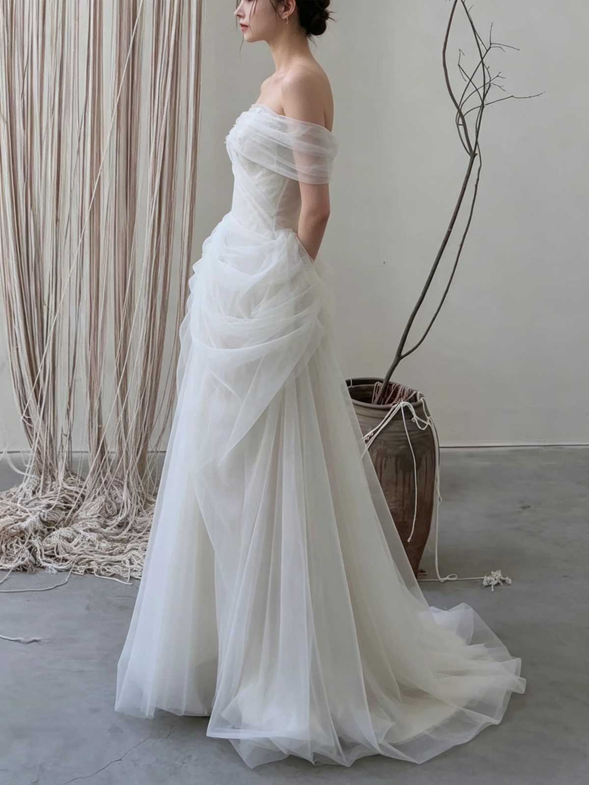 Off-the-Shoulder Draped Tulle Wedding Dress with Asymmetrical Skirt
