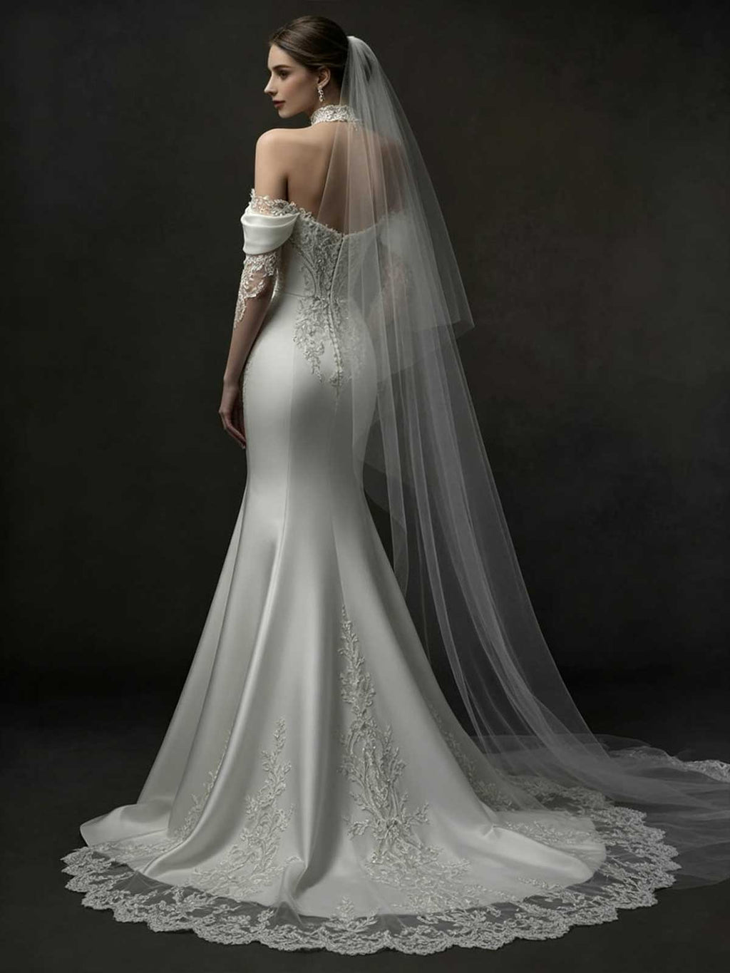 Ivory Lace Off-the-Shoulder Satin Mermaid Wedding Dress with Veil