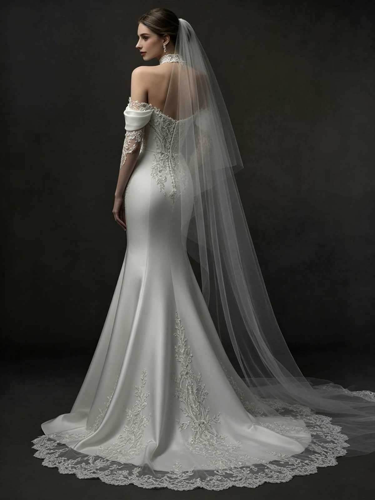 Ivory Lace Off-the-Shoulder Satin Mermaid Wedding Dress with Veil