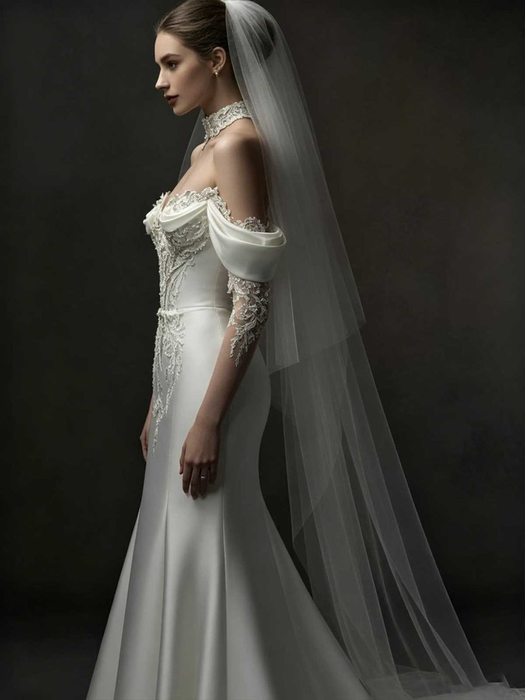 Ivory Lace Off-the-Shoulder Satin Mermaid Wedding Dress with Veil