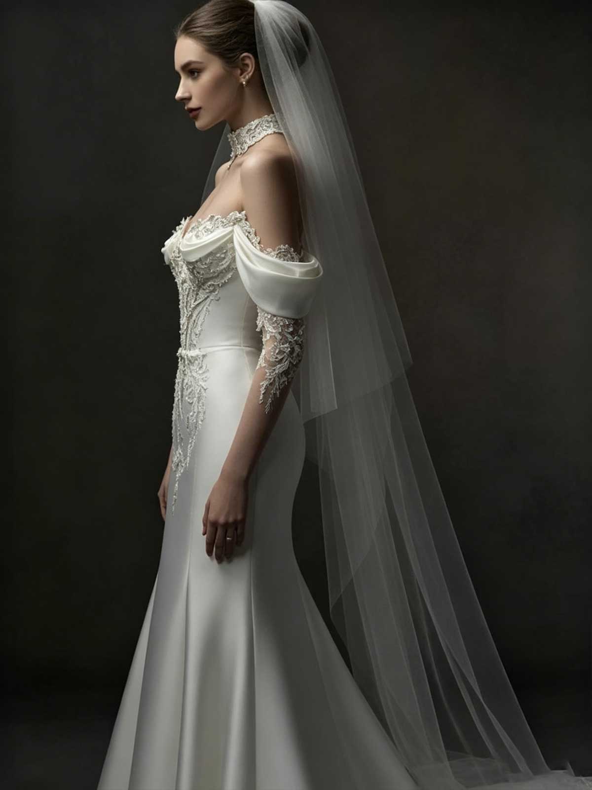 Ivory Lace Off-the-Shoulder Satin Mermaid Wedding Dress with Veil