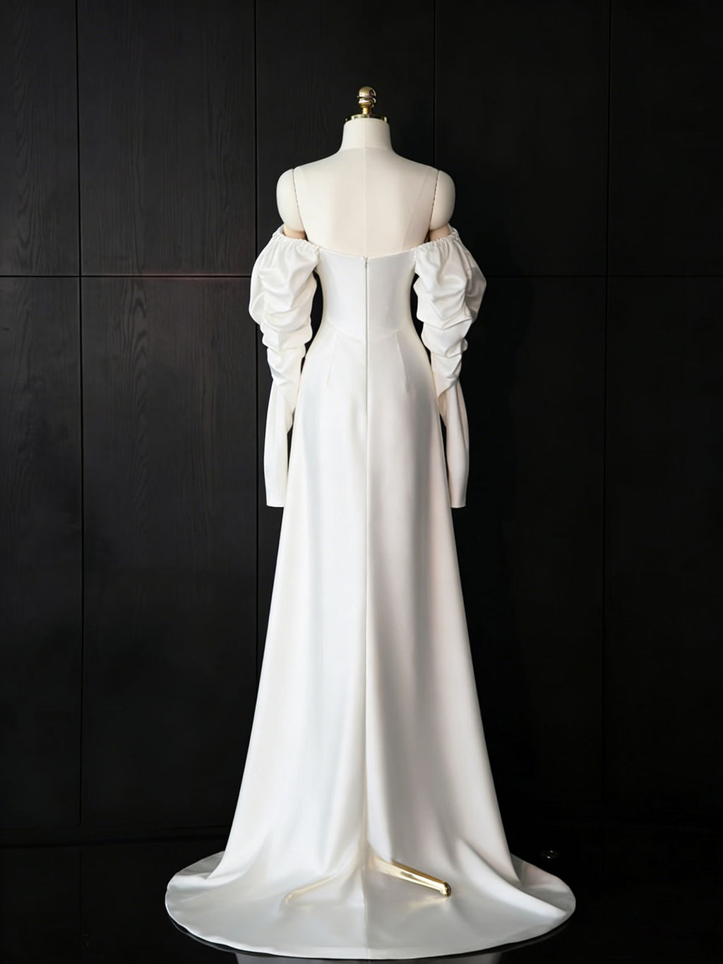White Off-Shoulder Puff Sleeve Satin Wedding Gown