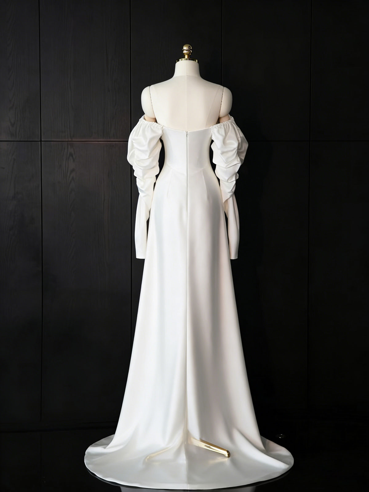 White Off-Shoulder Puff Sleeve Satin Wedding Gown