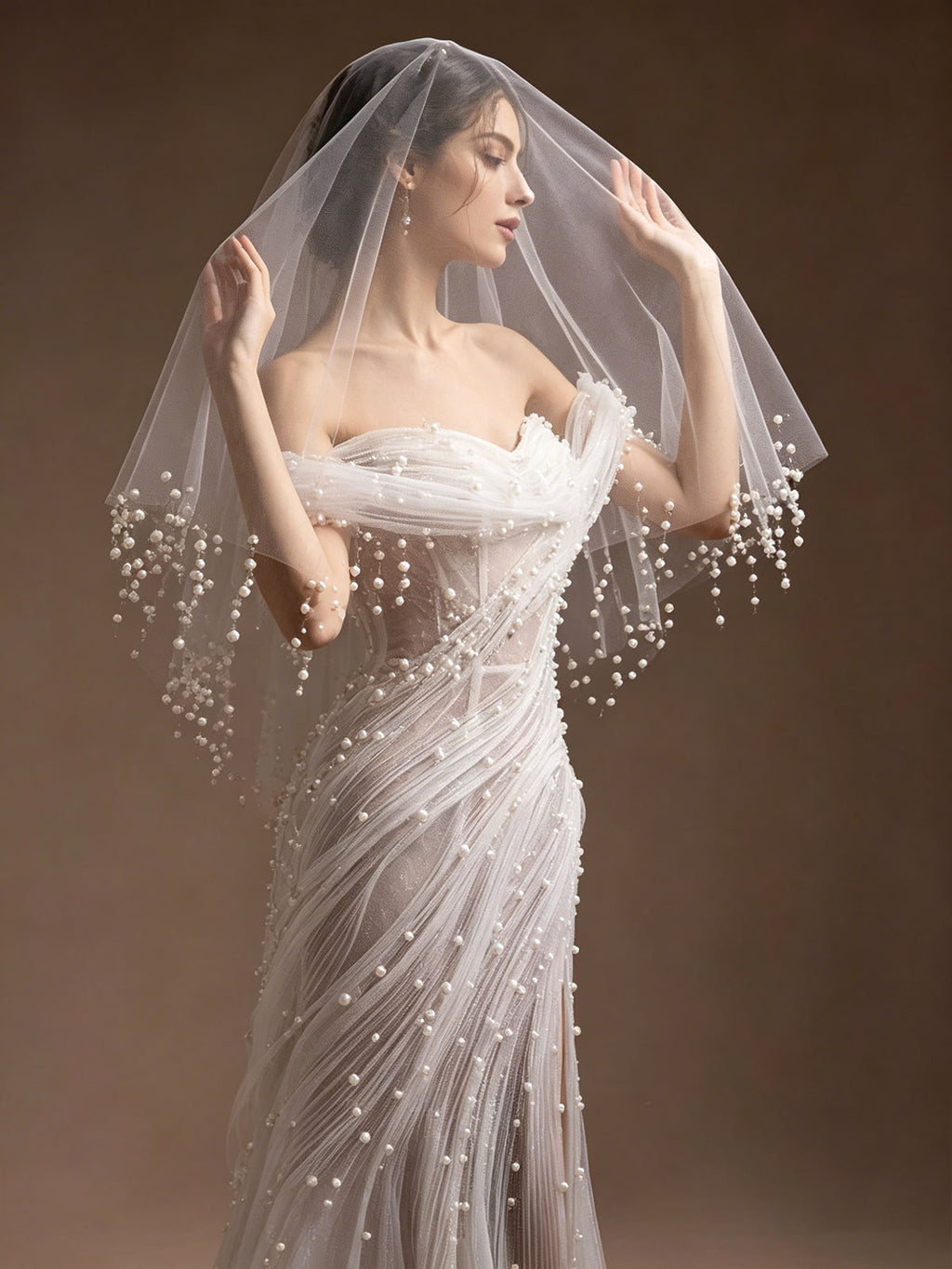 Ivory Pearl Beaded Fringe Strapless Tulle Mermaid Wedding Dress with Veil