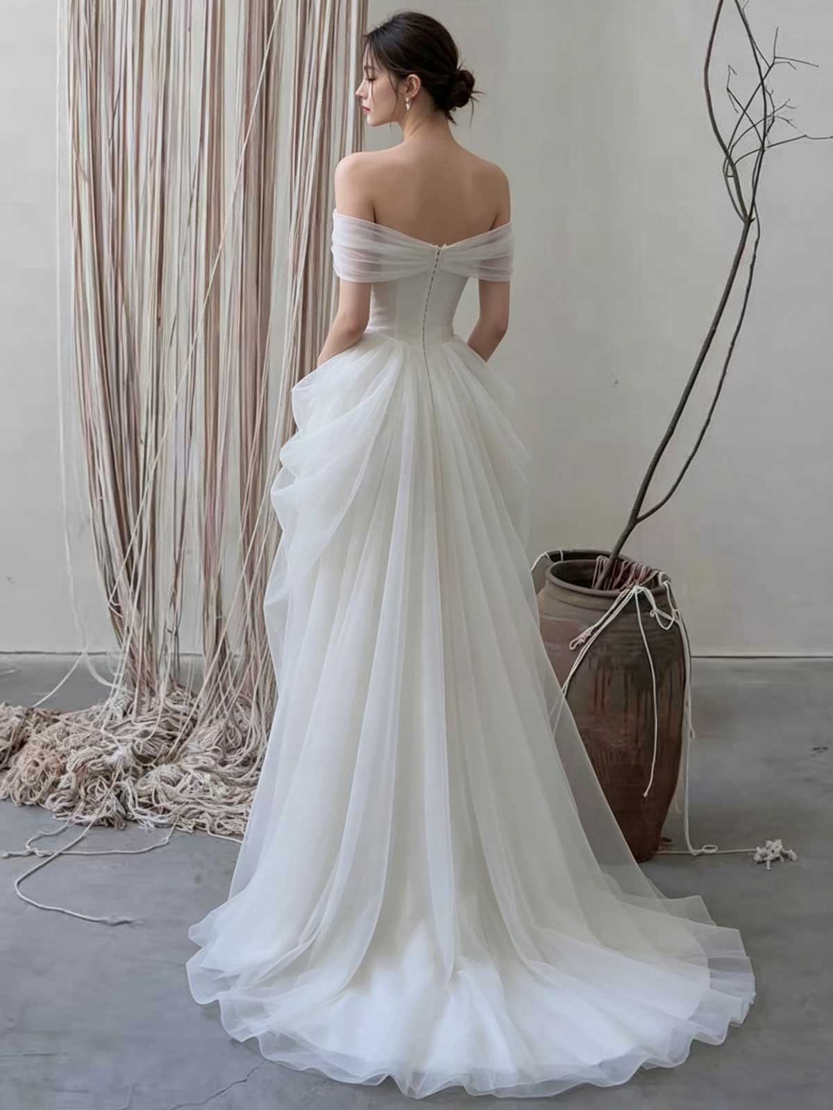 Off-the-Shoulder Draped Tulle Wedding Dress with Asymmetrical Skirt