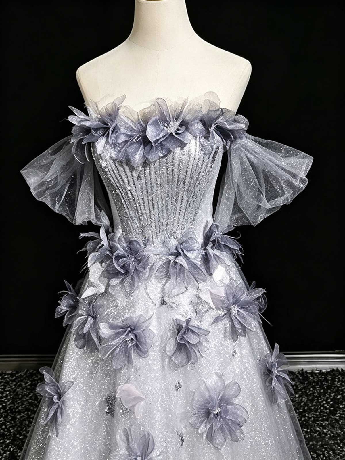 Silver Grey Floral Sequin Evening Gown