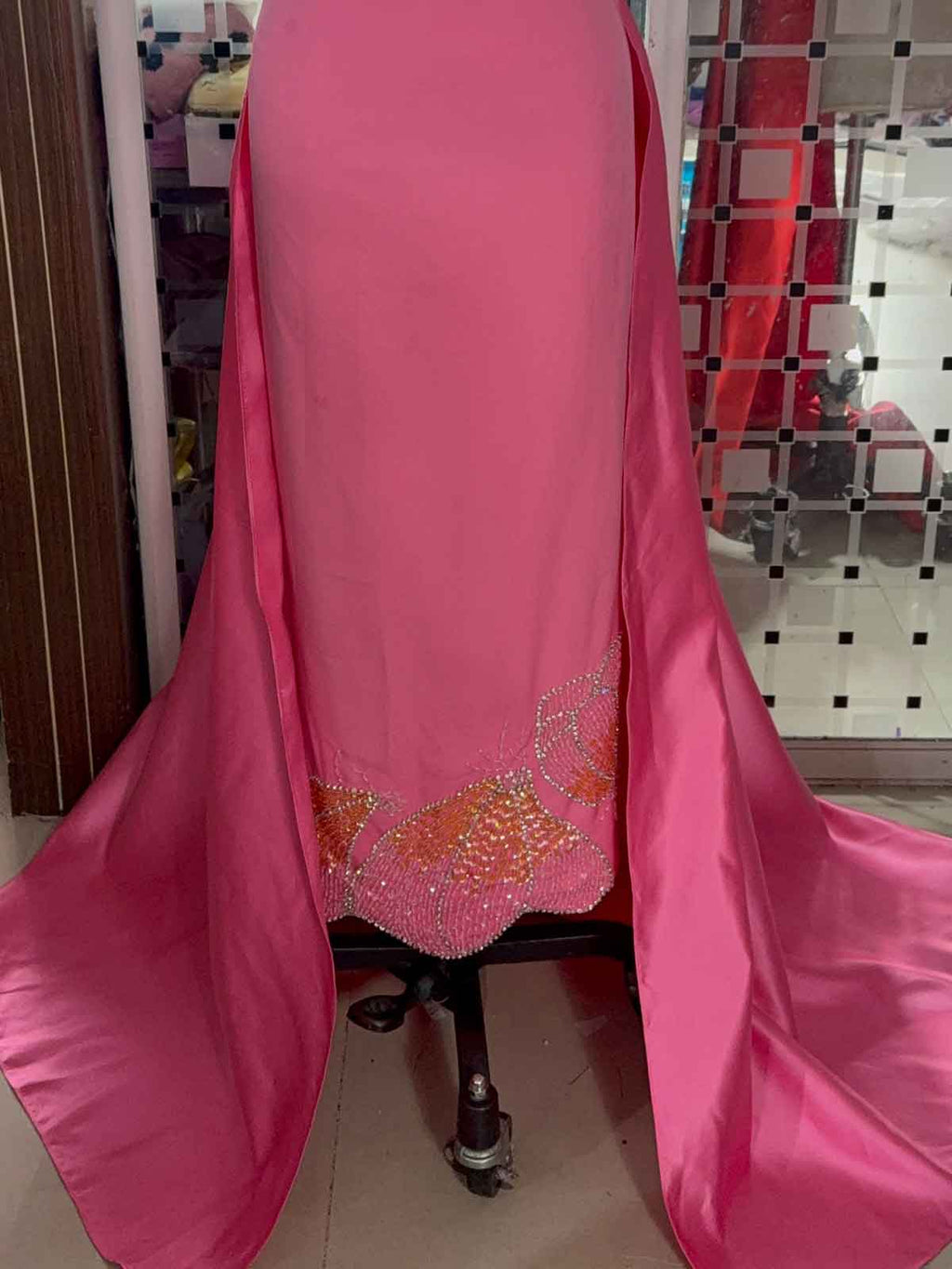 Elegant Hot Pink Satin Evening Gown with Back Peplum Detail