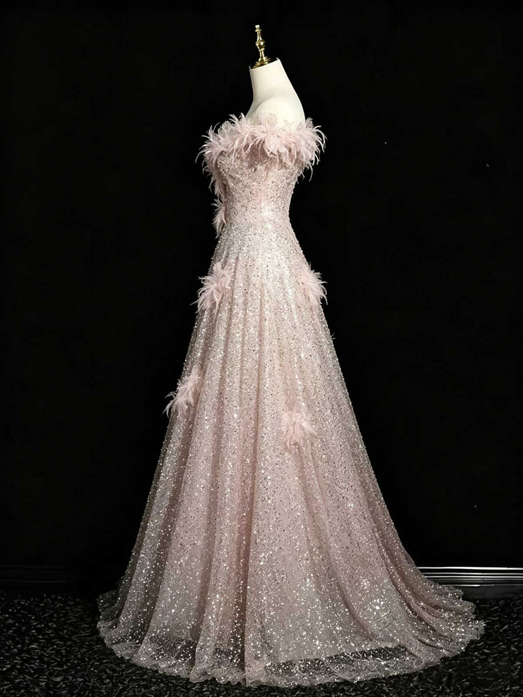 Blush Pink Feather Sequin Evening Gown