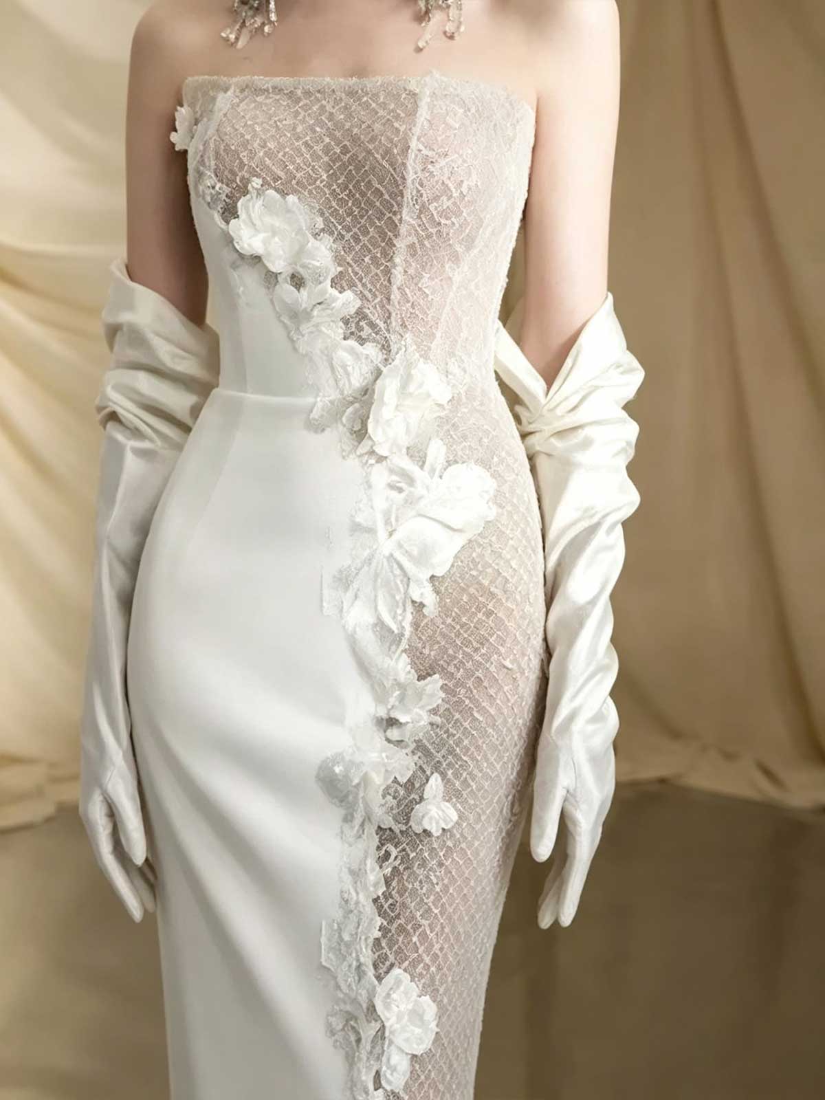 Ivory Sheer Lace Strapless Mermaid Wedding Dress with Gloves