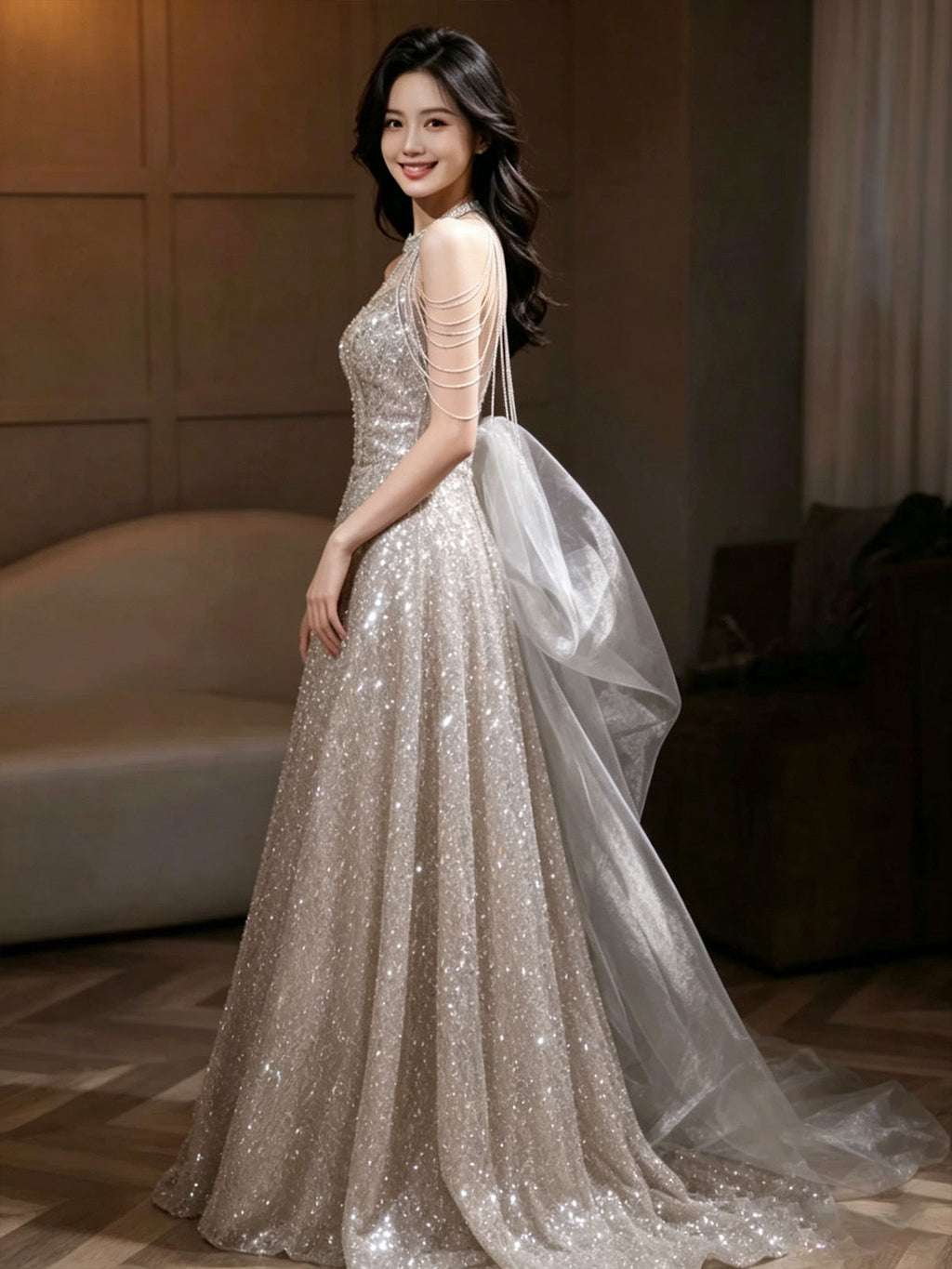 Champagne Halter Chain Sleeve Sequin Tulle A-Line Evening Gown