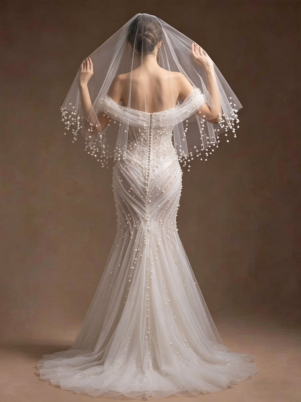 Ivory Pearl Beaded Fringe Strapless Tulle Mermaid Wedding Dress with Veil