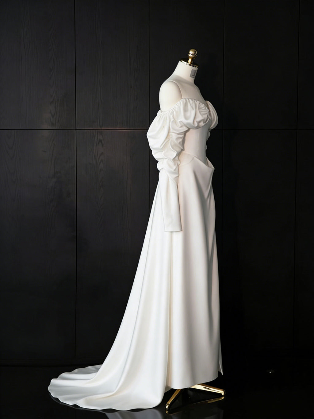 White Off-Shoulder Puff Sleeve Satin Wedding Gown