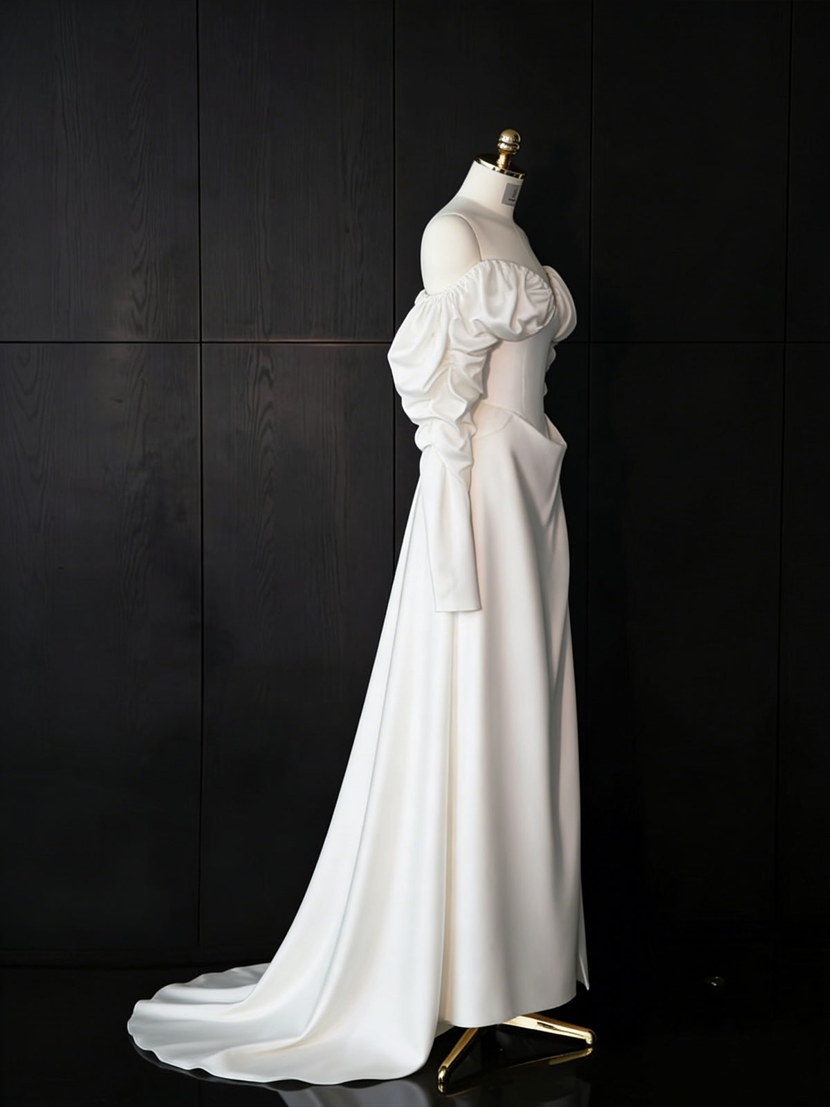 White Off-Shoulder Puff Sleeve Satin Wedding Gown
