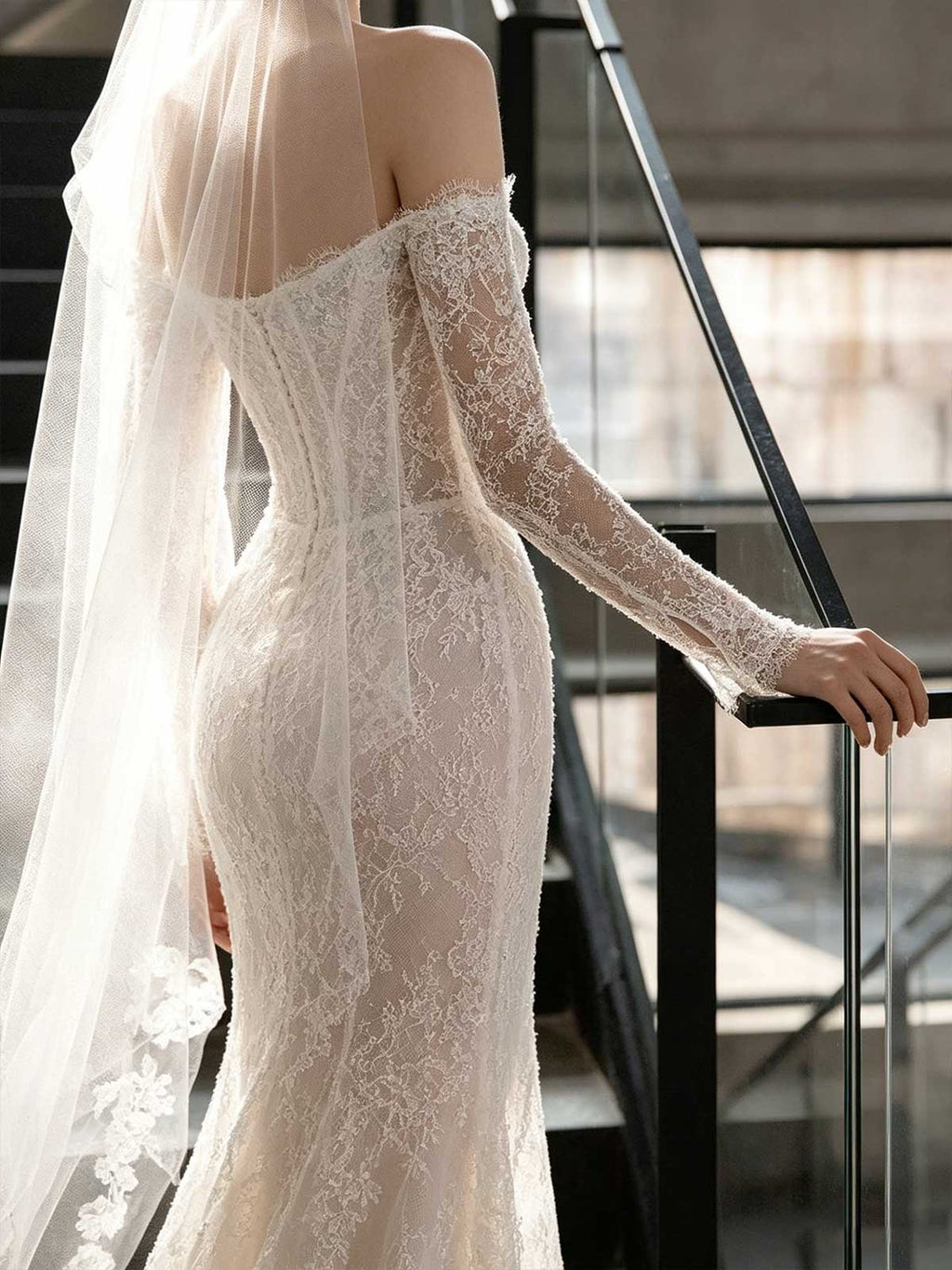 Strapless Off-the-Shoulder Lace Mermaid Wedding Dress with Long Sleeves