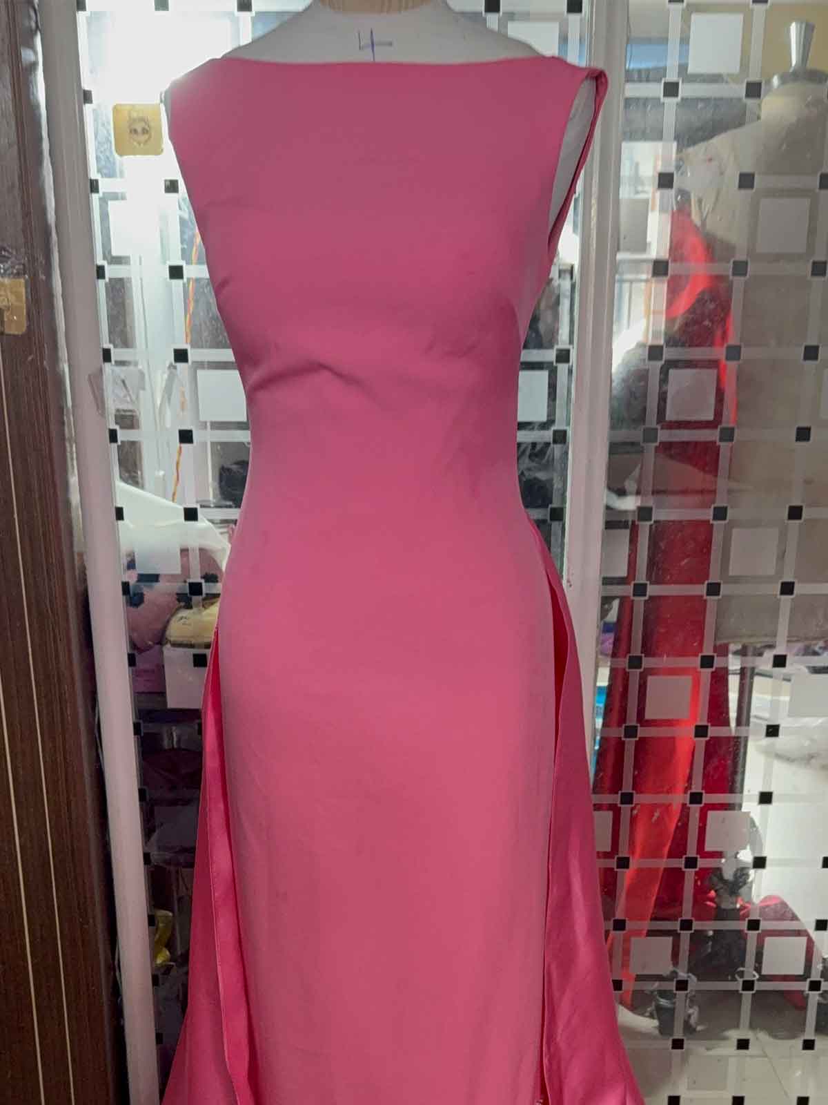 Elegant Hot Pink Satin Evening Gown with Back Peplum Detail