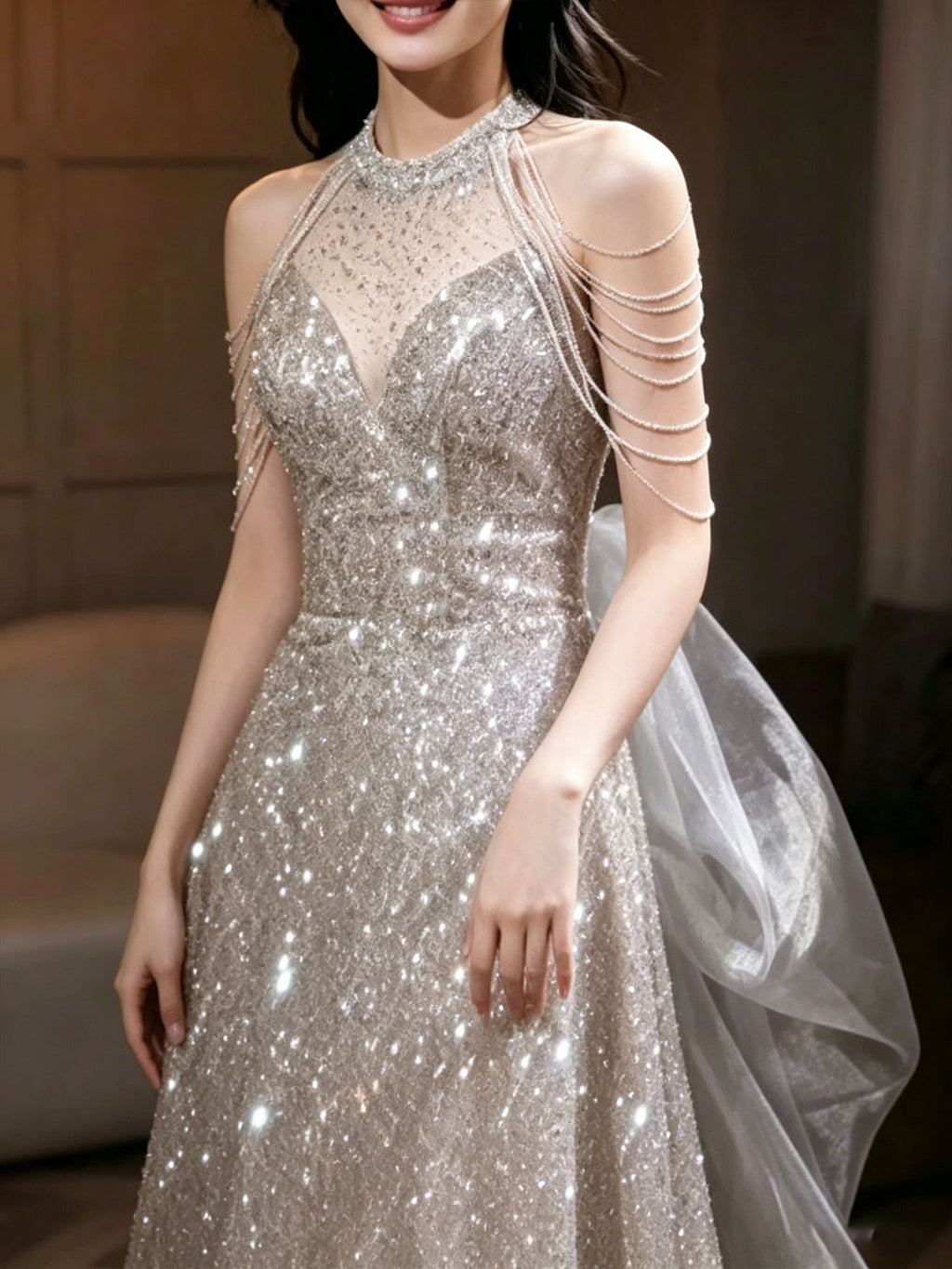 Champagne Halter Chain Sleeve Sequin Tulle A-Line Evening Gown