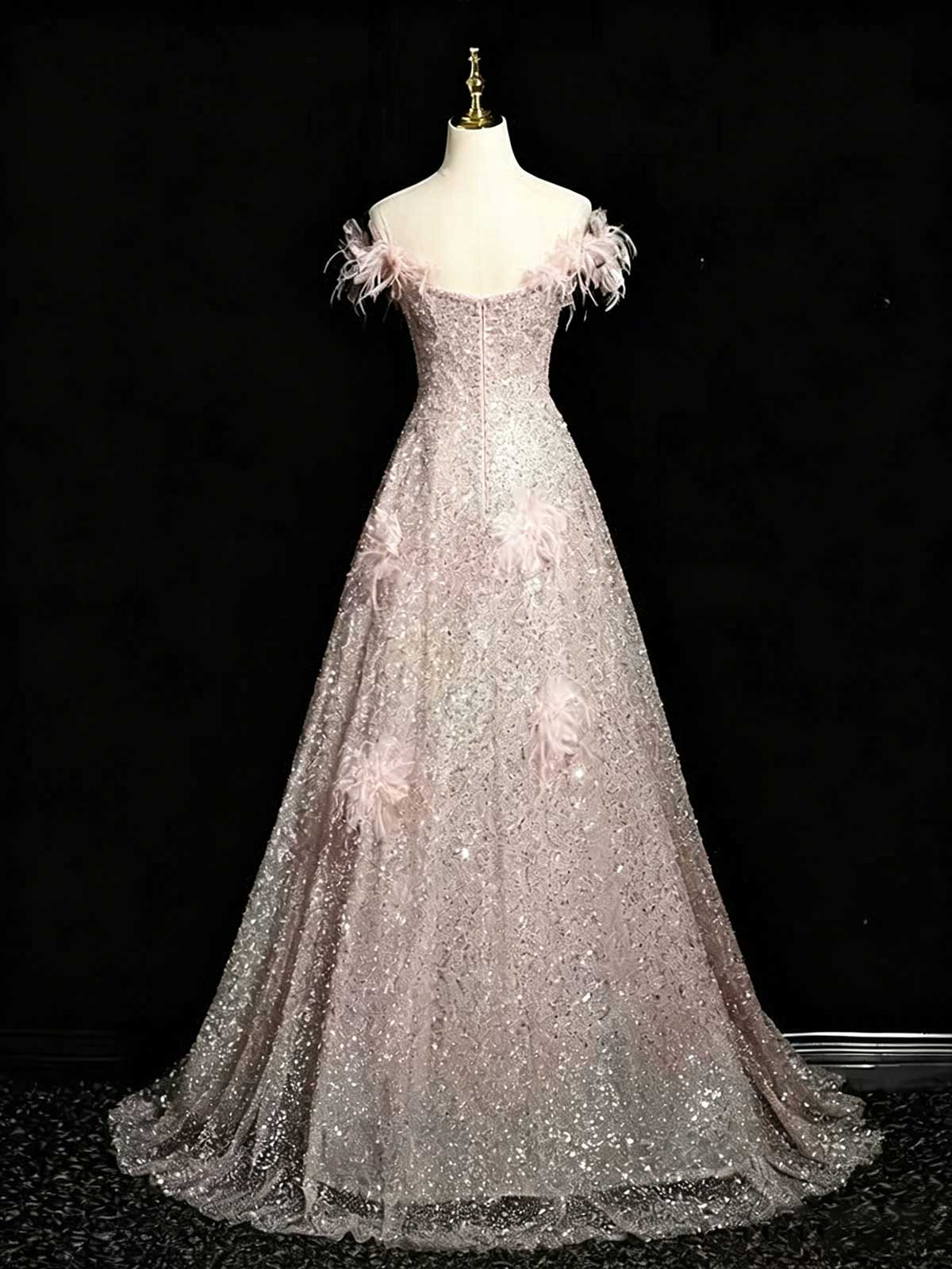 Blush Pink Feather Sequin Evening Gown