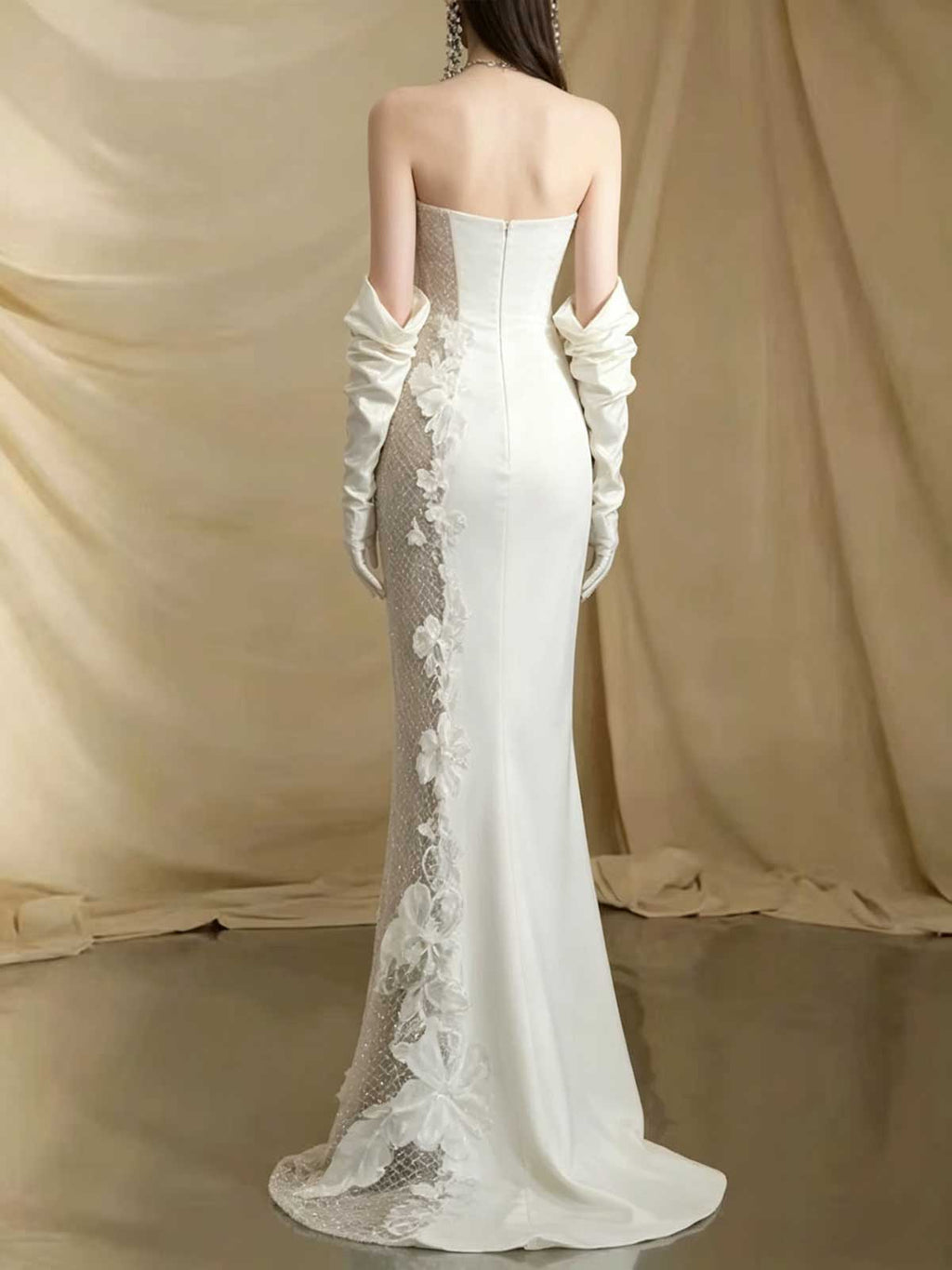 Ivory Sheer Lace Strapless Mermaid Wedding Dress with Gloves