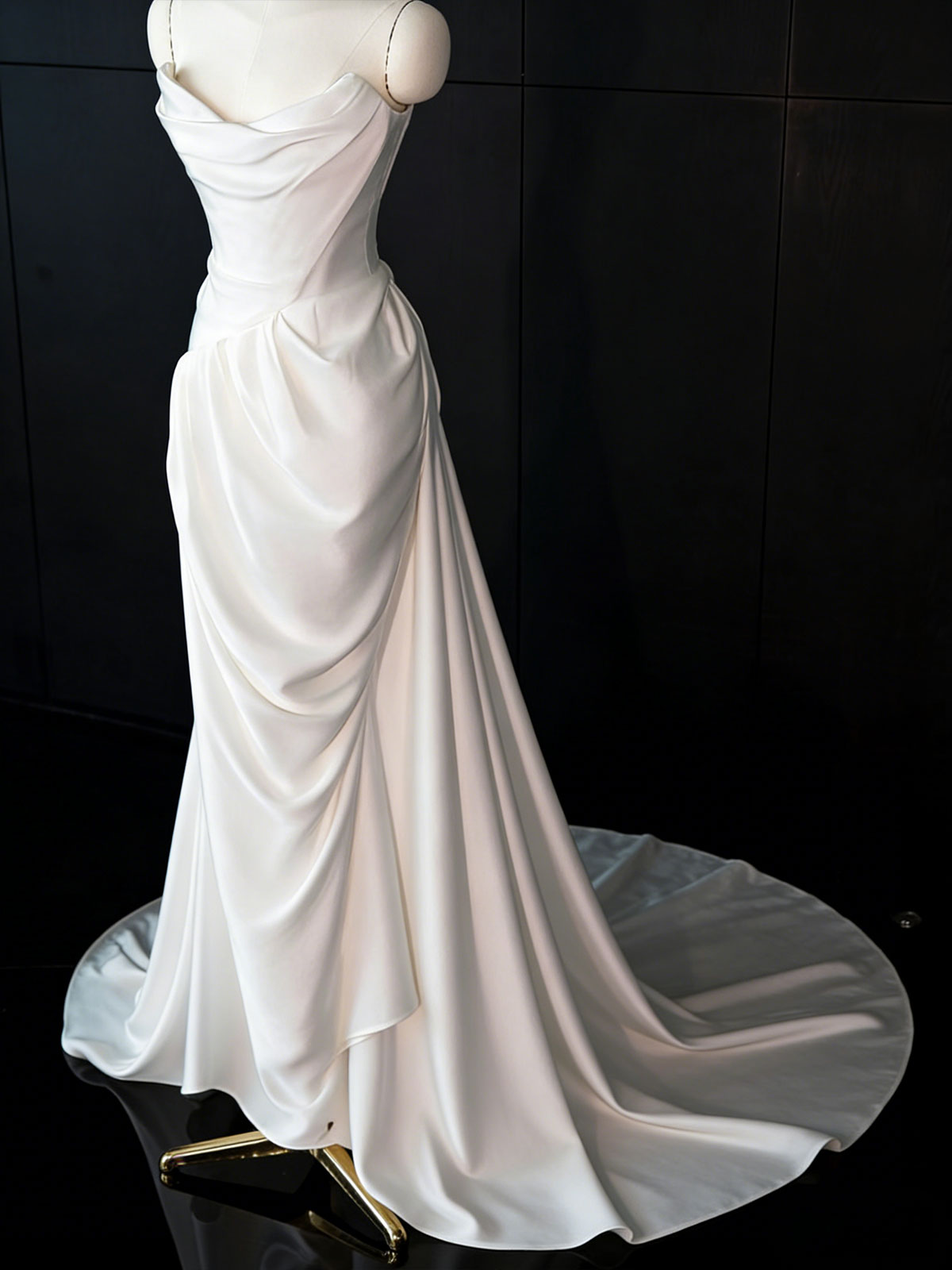 White Strapless Draped Satin Mermaid Wedding Gown