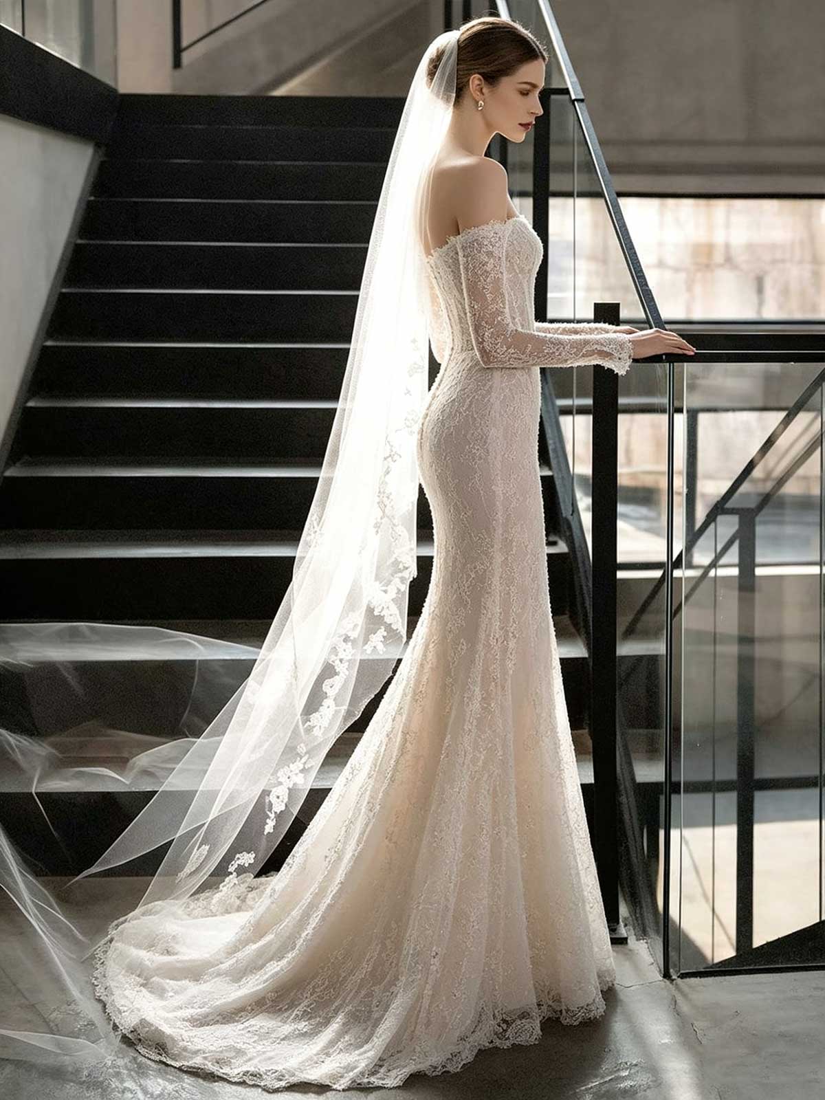 Strapless Off-the-Shoulder Lace Mermaid Wedding Dress with Long Sleeves