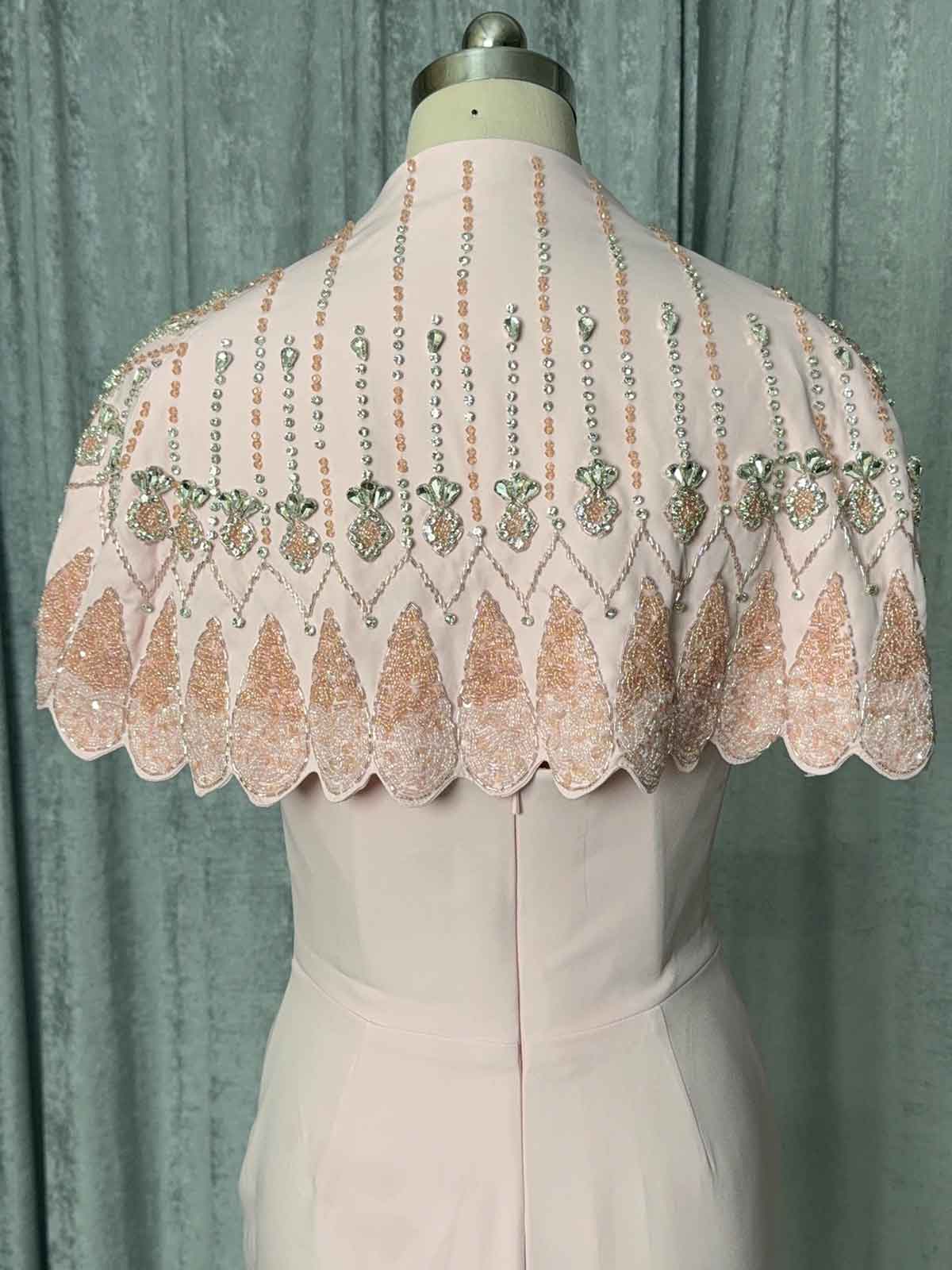 Elegant Blush Pink Formal Dress with Embellished Shrug