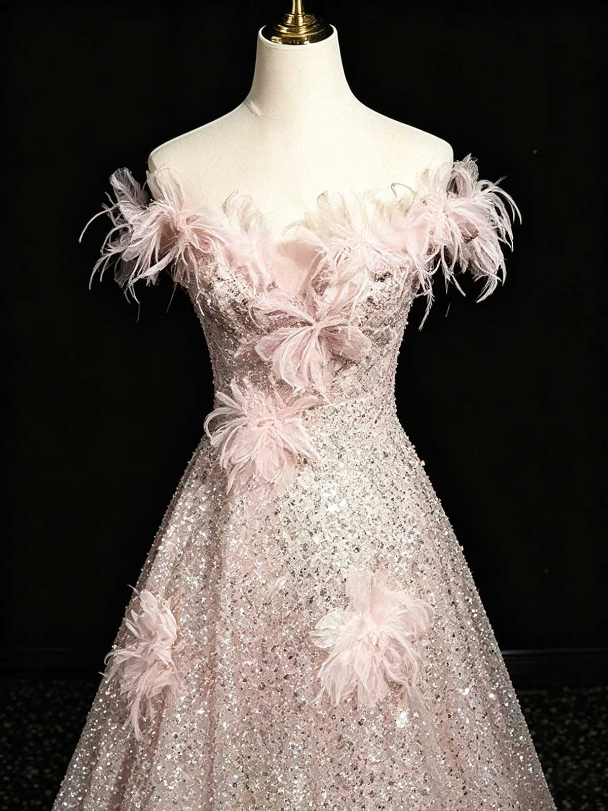 Blush Pink Feather Sequin Evening Gown