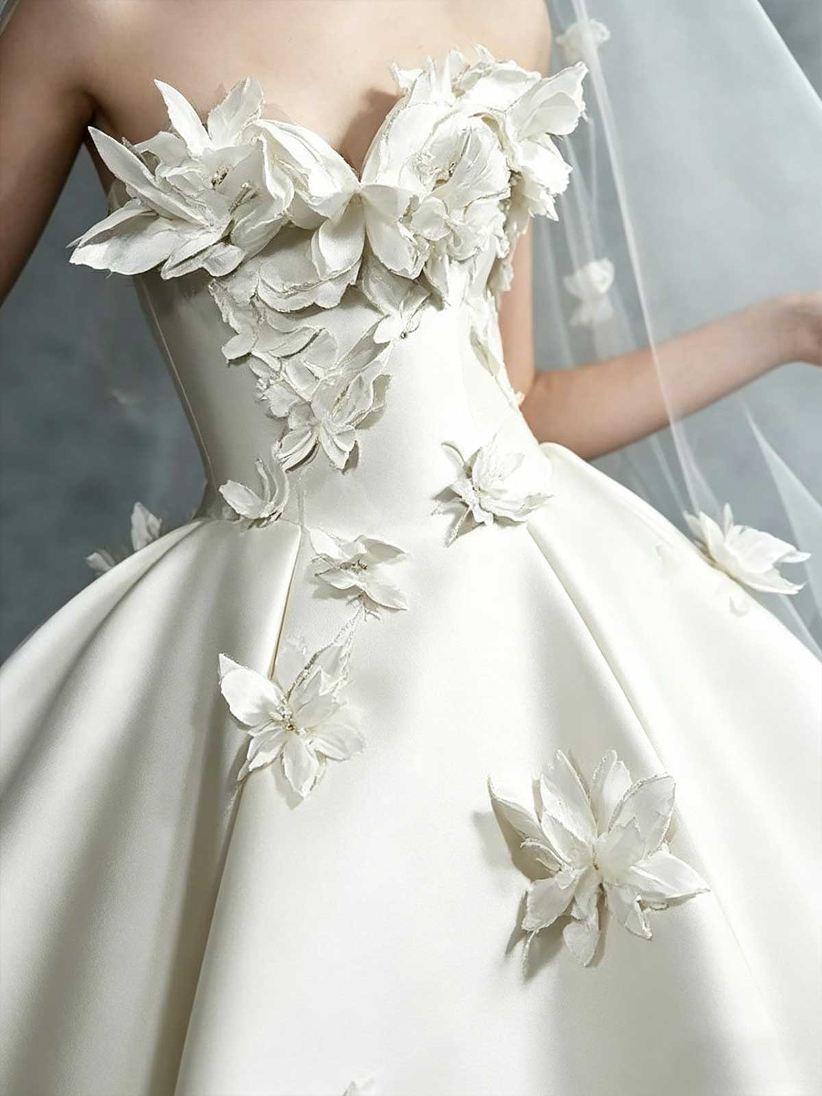 Ivory Satin 3D Floral Strapless Ball Gown Wedding Dress with Veil