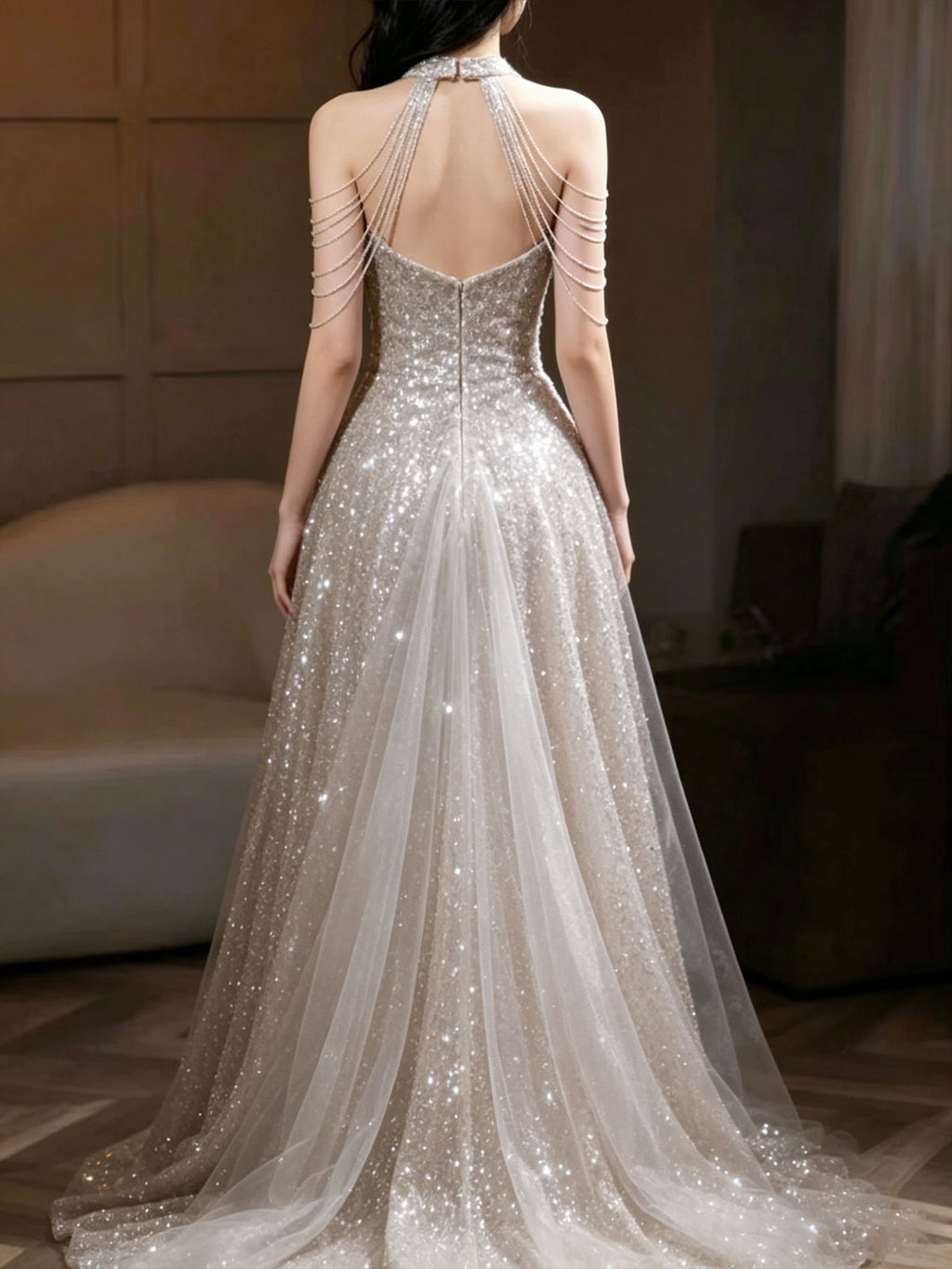 Champagne Halter Chain Sleeve Sequin Tulle A-Line Evening Gown