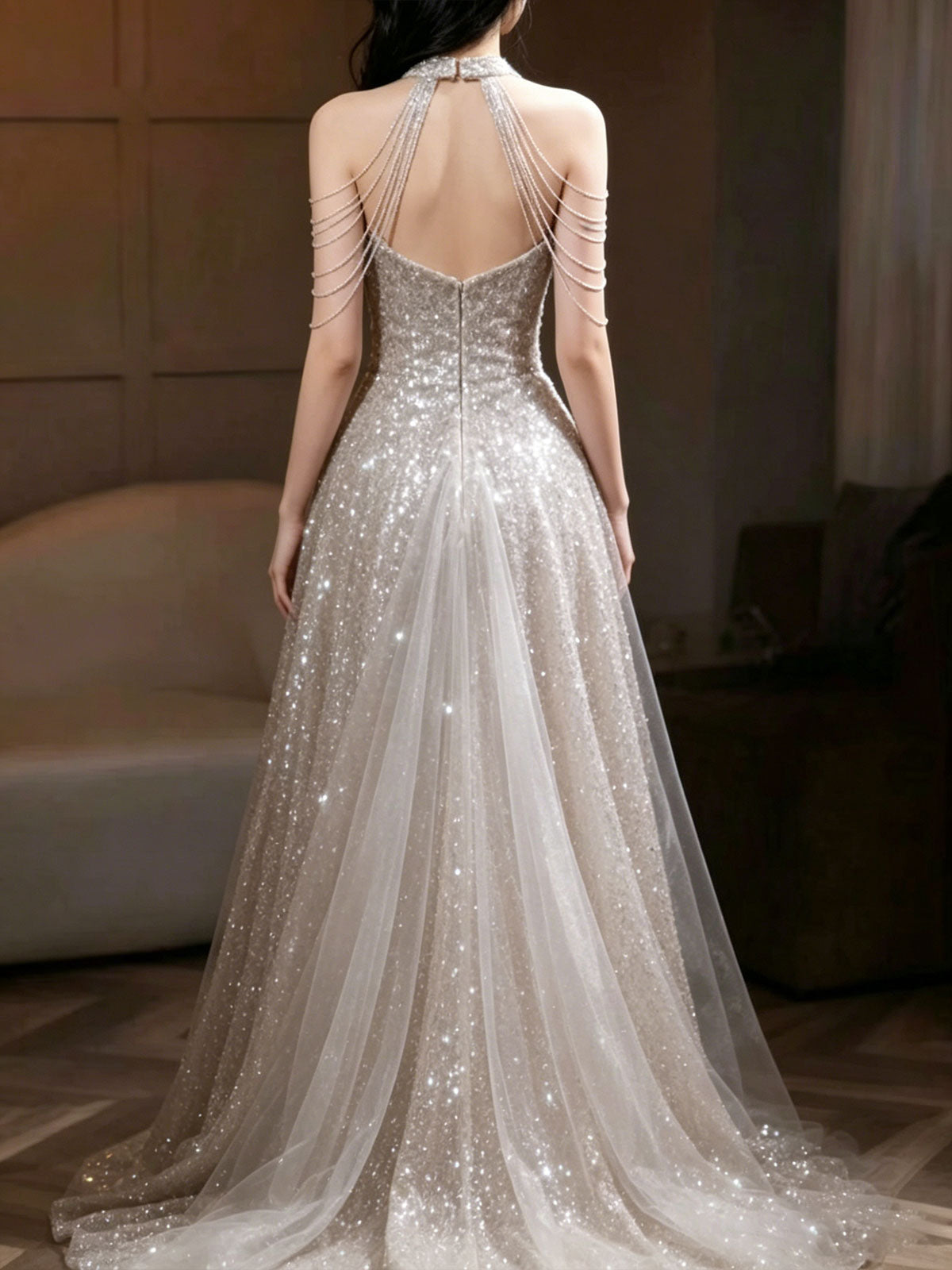 Champagne Halter Chain Sleeve Sequin Tulle A-Line Evening Gown