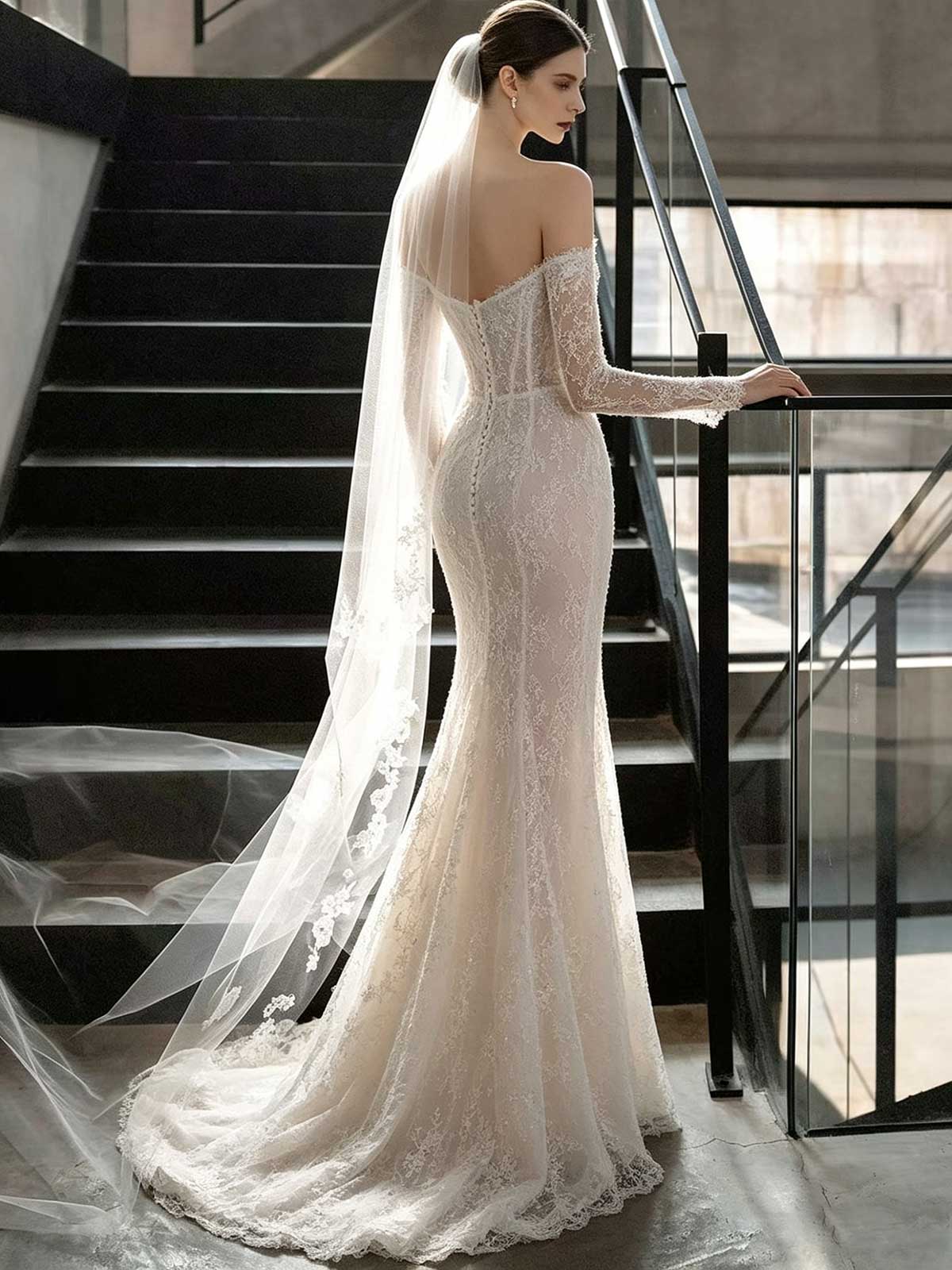 Strapless Off-the-Shoulder Lace Mermaid Wedding Dress with Long Sleeves