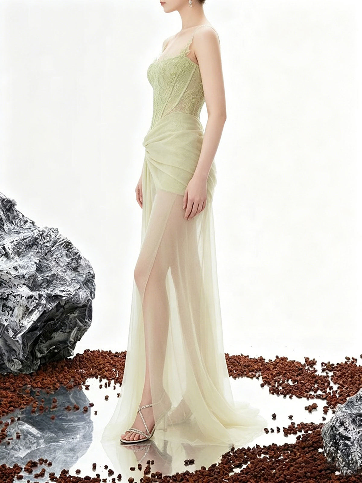 Sage Green Strapless Lace Corset Evening Gown with Sheer Tulle Skirt