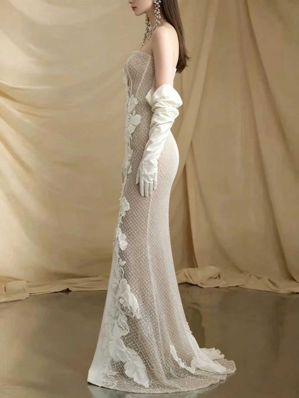 Ivory Sheer Lace Strapless Mermaid Wedding Dress with Gloves