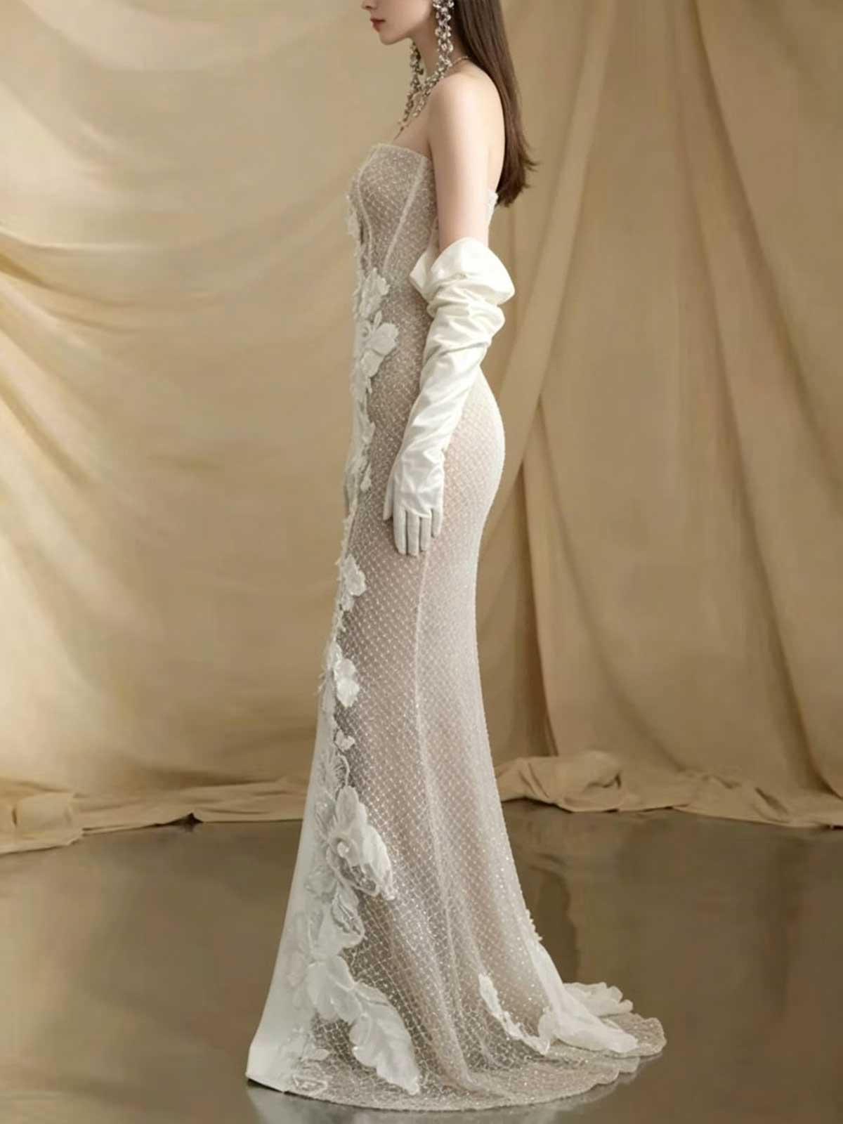 Ivory Sheer Lace Strapless Mermaid Wedding Dress with Gloves