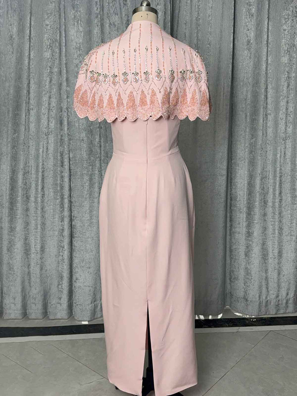 Elegant Blush Pink Formal Dress with Embellished Shrug