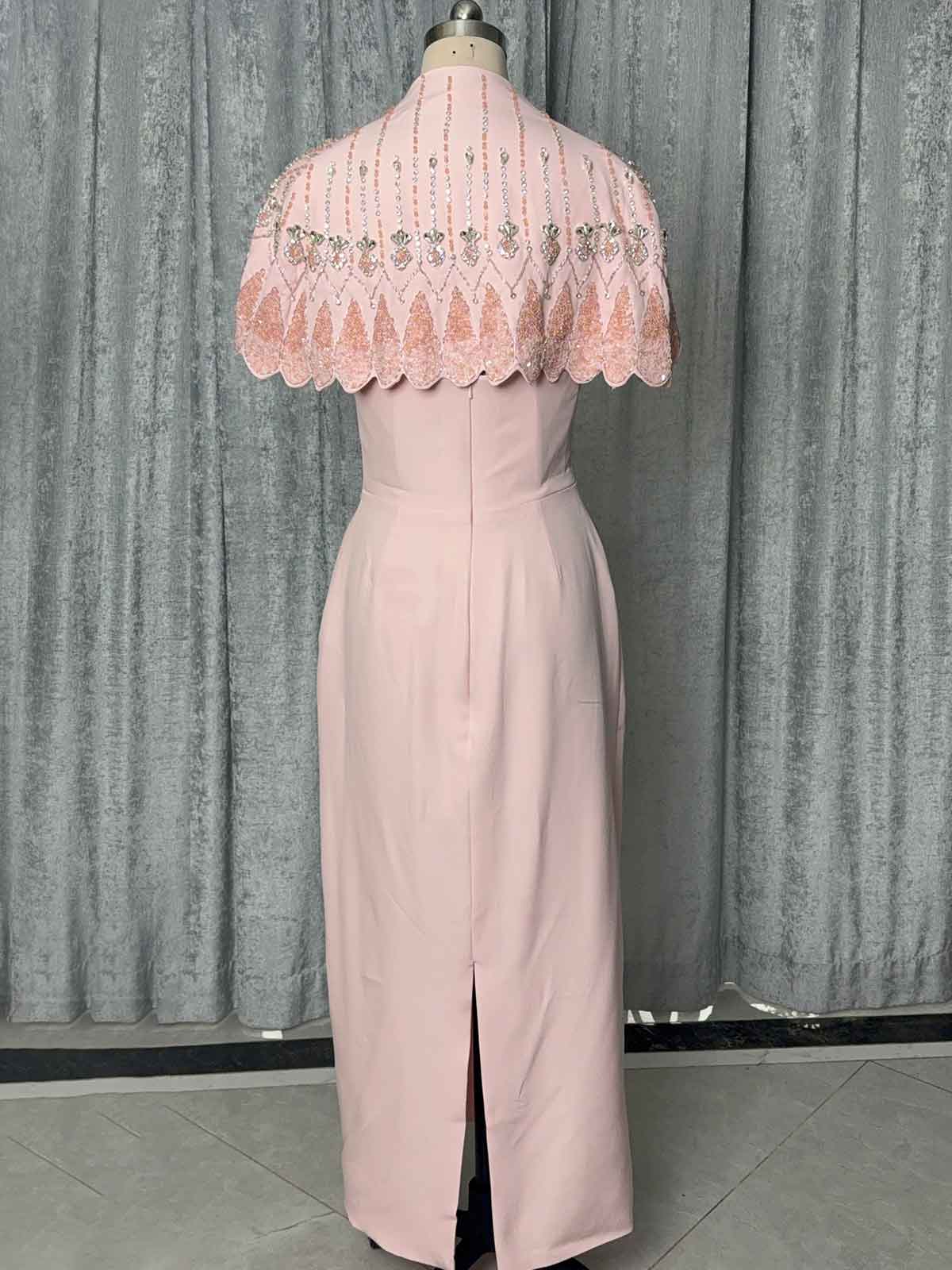 Elegant Blush Pink Formal Dress with Embellished Shrug