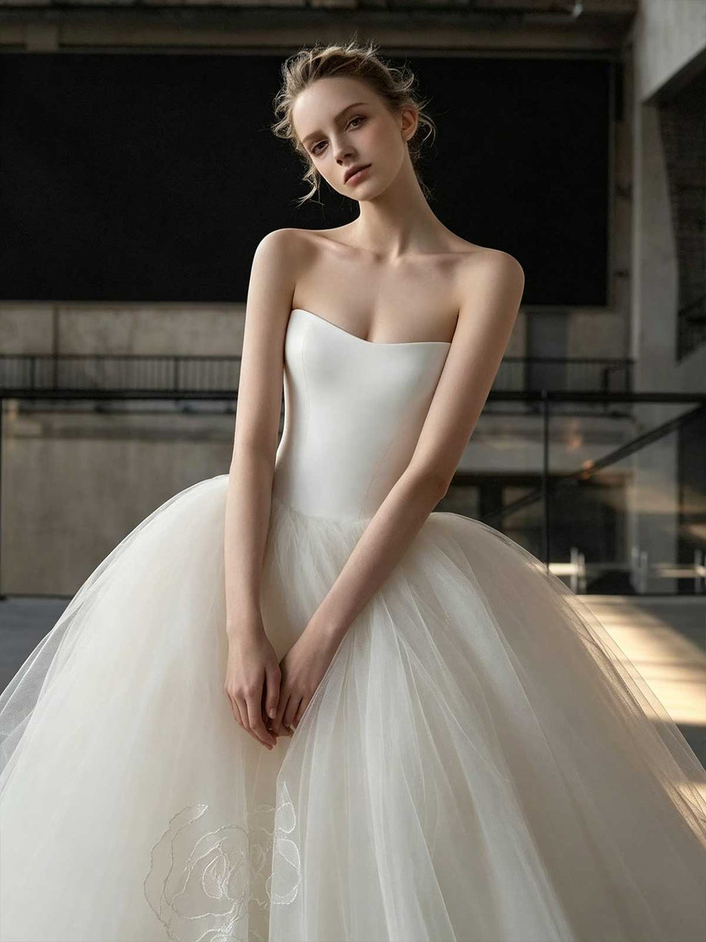Minimalist Strapless Satin & Tulle Ball Gown Wedding Dress