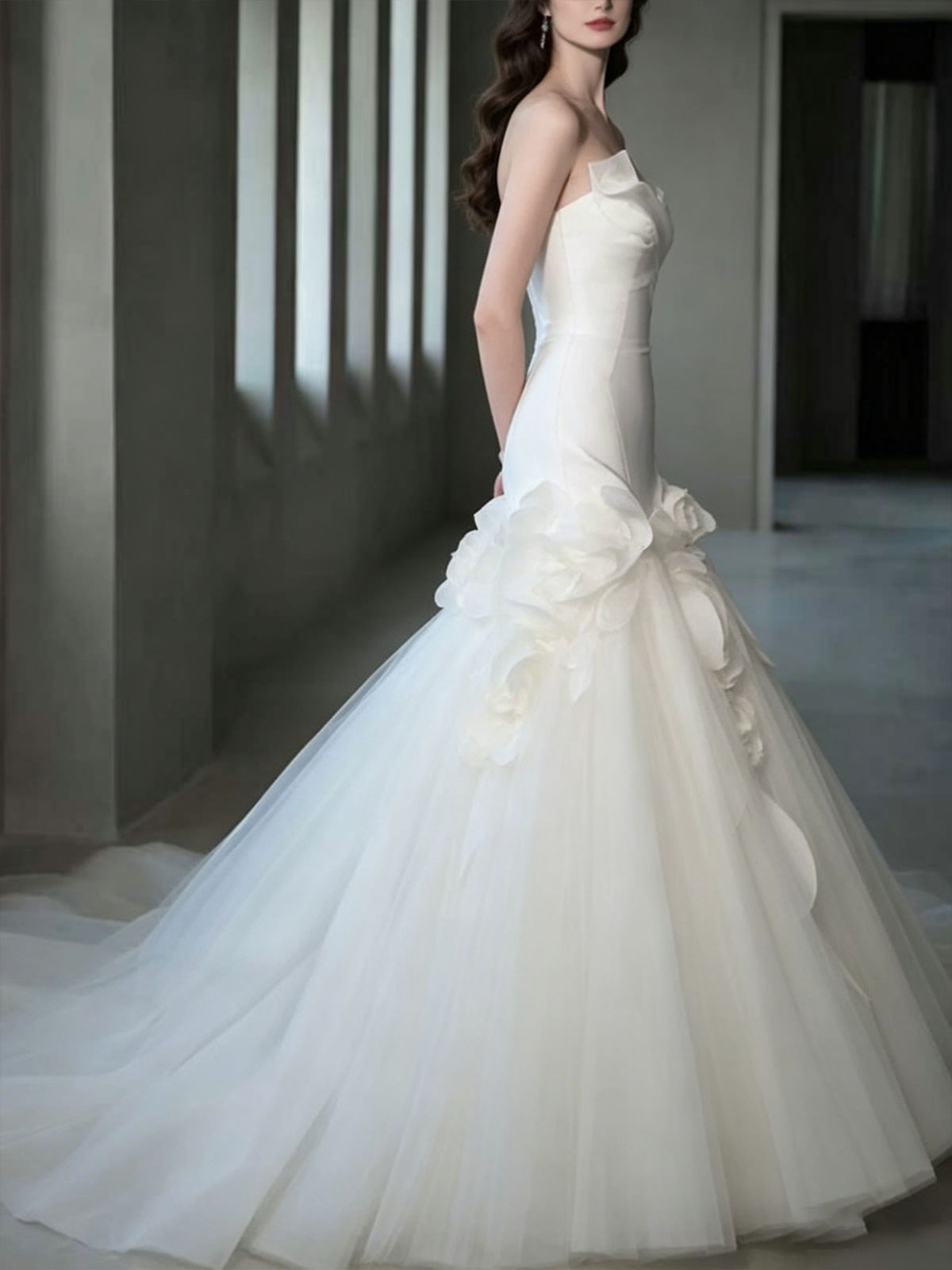 White Strapless Satin Mermaid Wedding Dress with Floral Tulle Skirt
