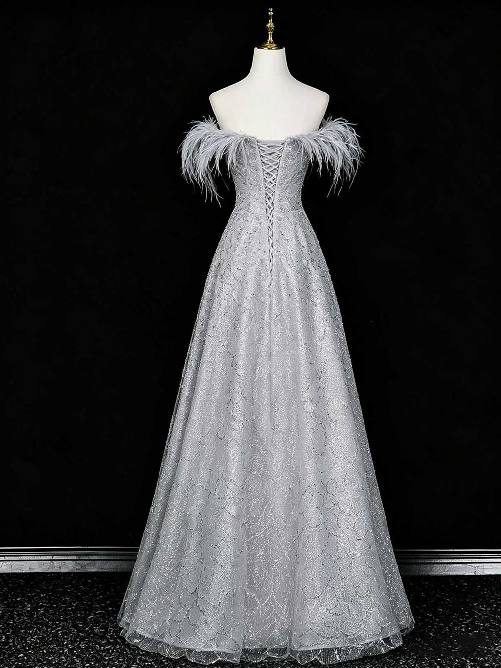 Silver Grey Off-the-Shoulder Sequin Evening Gown with Feather Trim