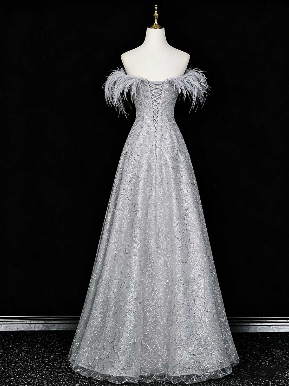 Silver Grey Off-the-Shoulder Sequin Evening Gown with Feather Trim