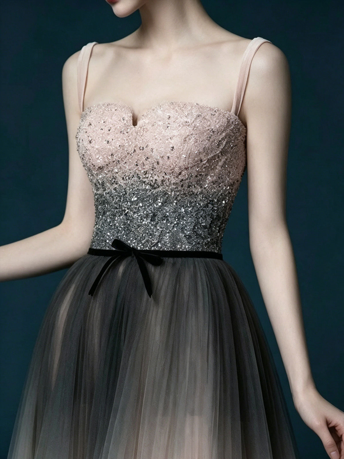 Champagne Halter Chain Sleeve Sequin Tulle A-Line Evening Gown